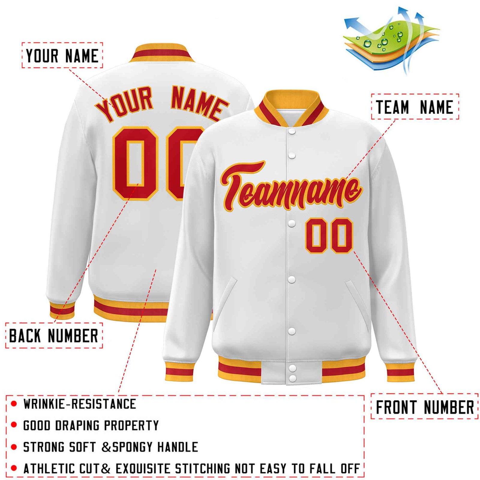 Custom White Red-Gold Classic Style Varsity Full-Snap Letterman Jacket