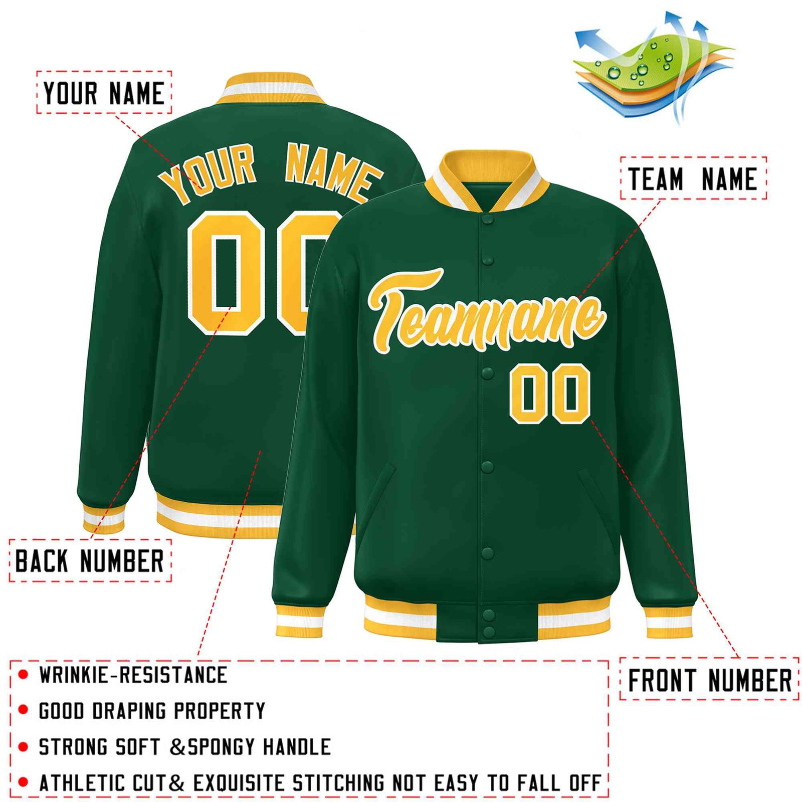 Custom Green Gold-White Classic Style Varsity Full-Snap Letterman Jacket