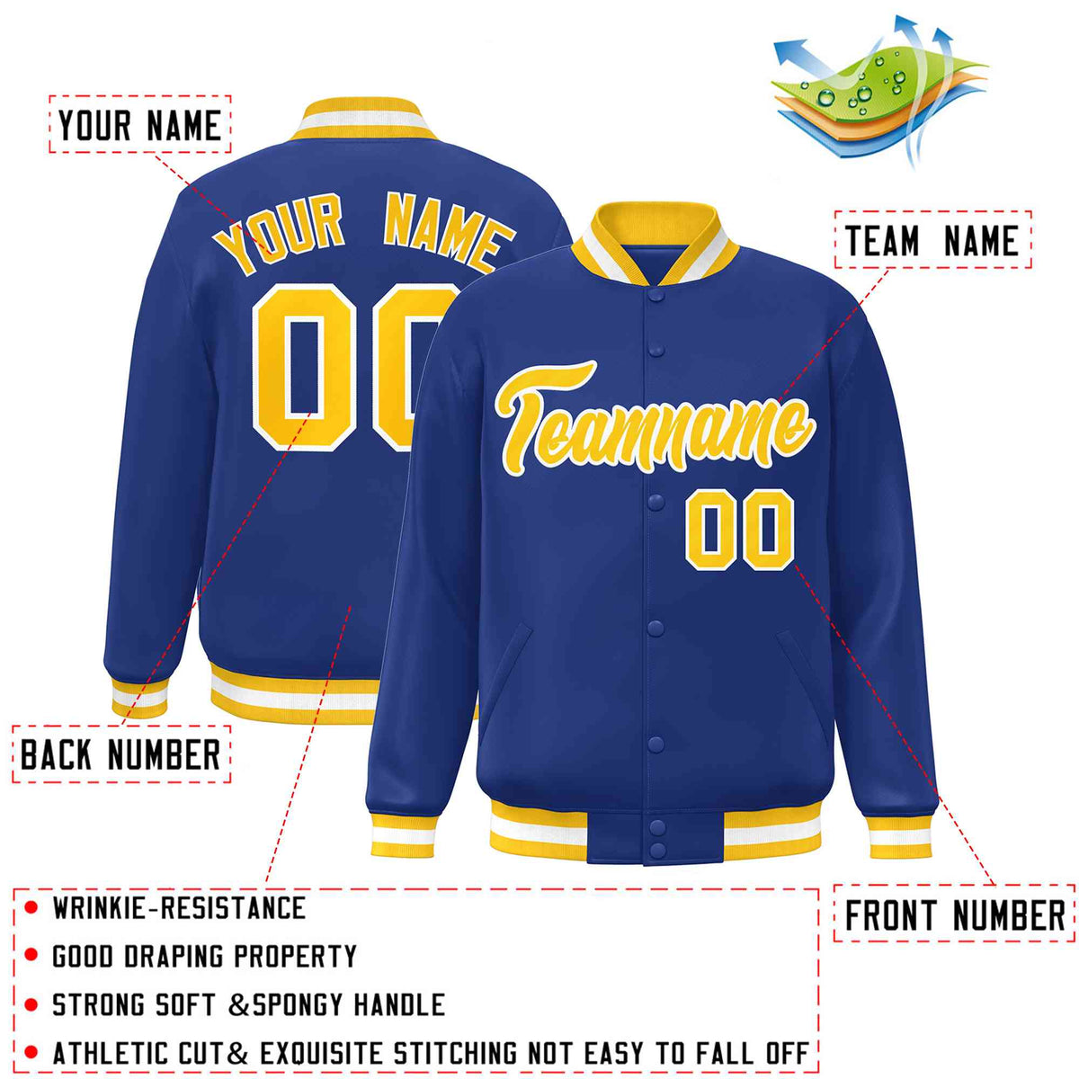 Custom Royal Gold-White Classic Style Varsity Full-Snap Letterman Jacket