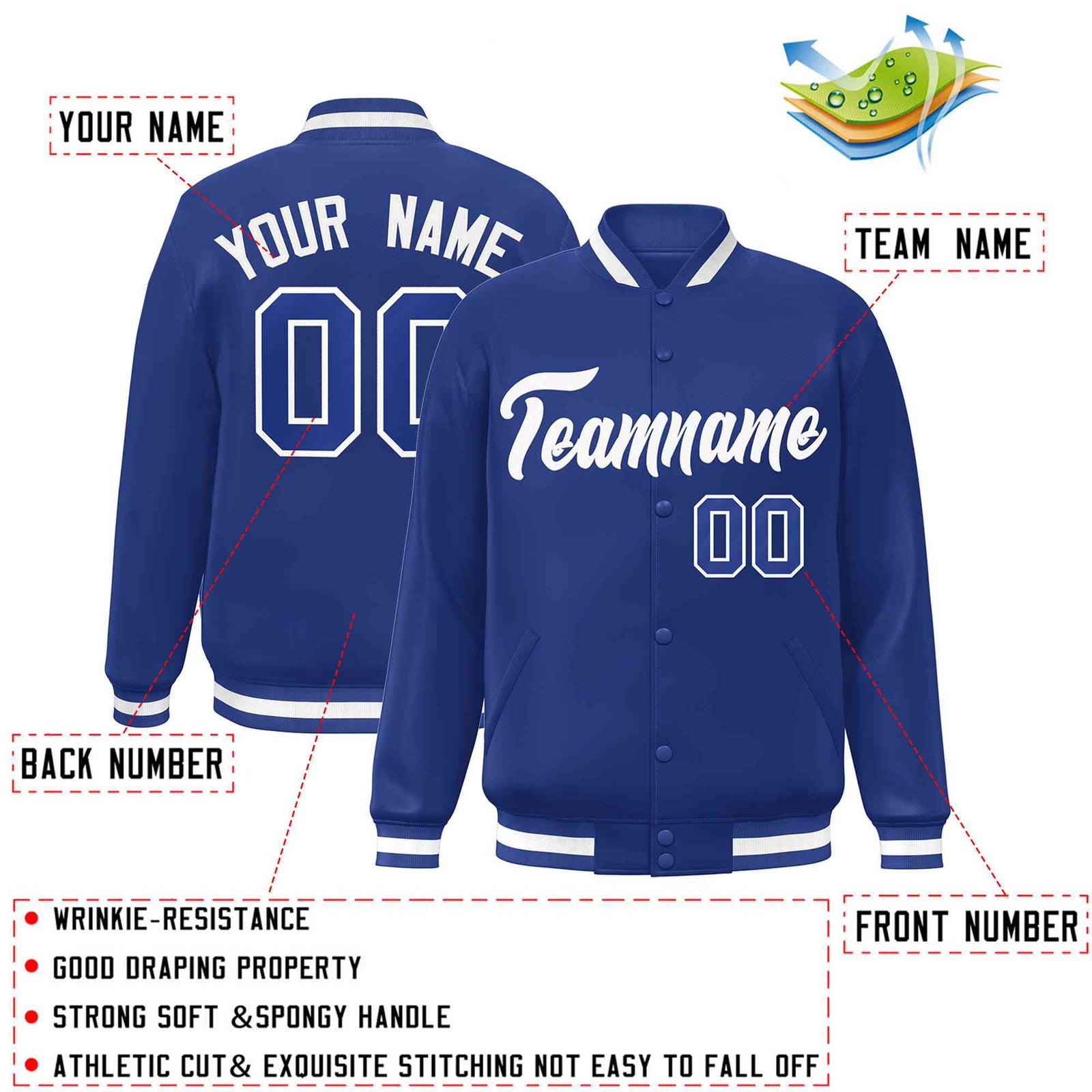 Custom Royal White Classic Style Varsity Full-Snap Letterman Jacket