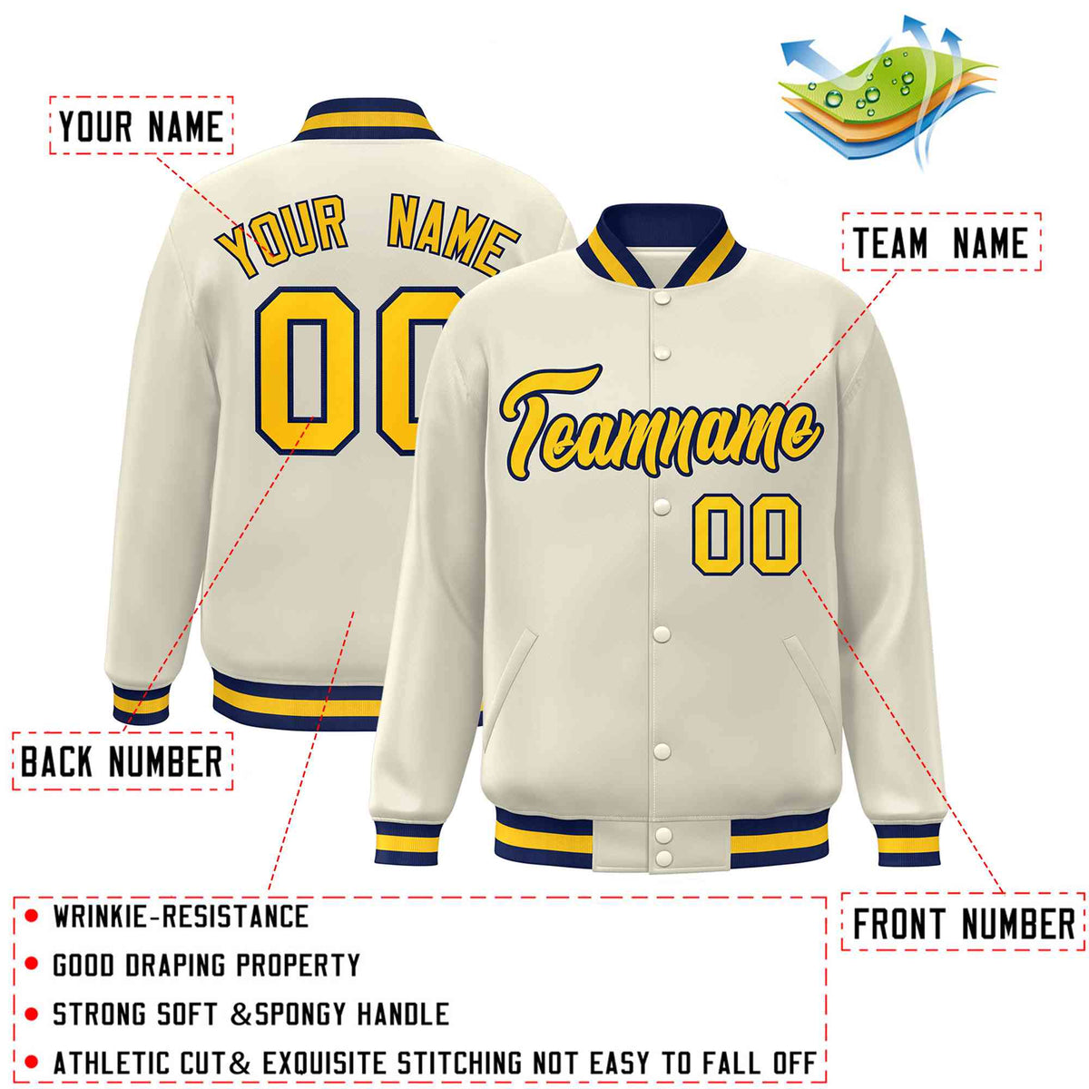 Custom Khaki Gold-Navy Classic Style Varsity Full-Snap Letterman Jacket