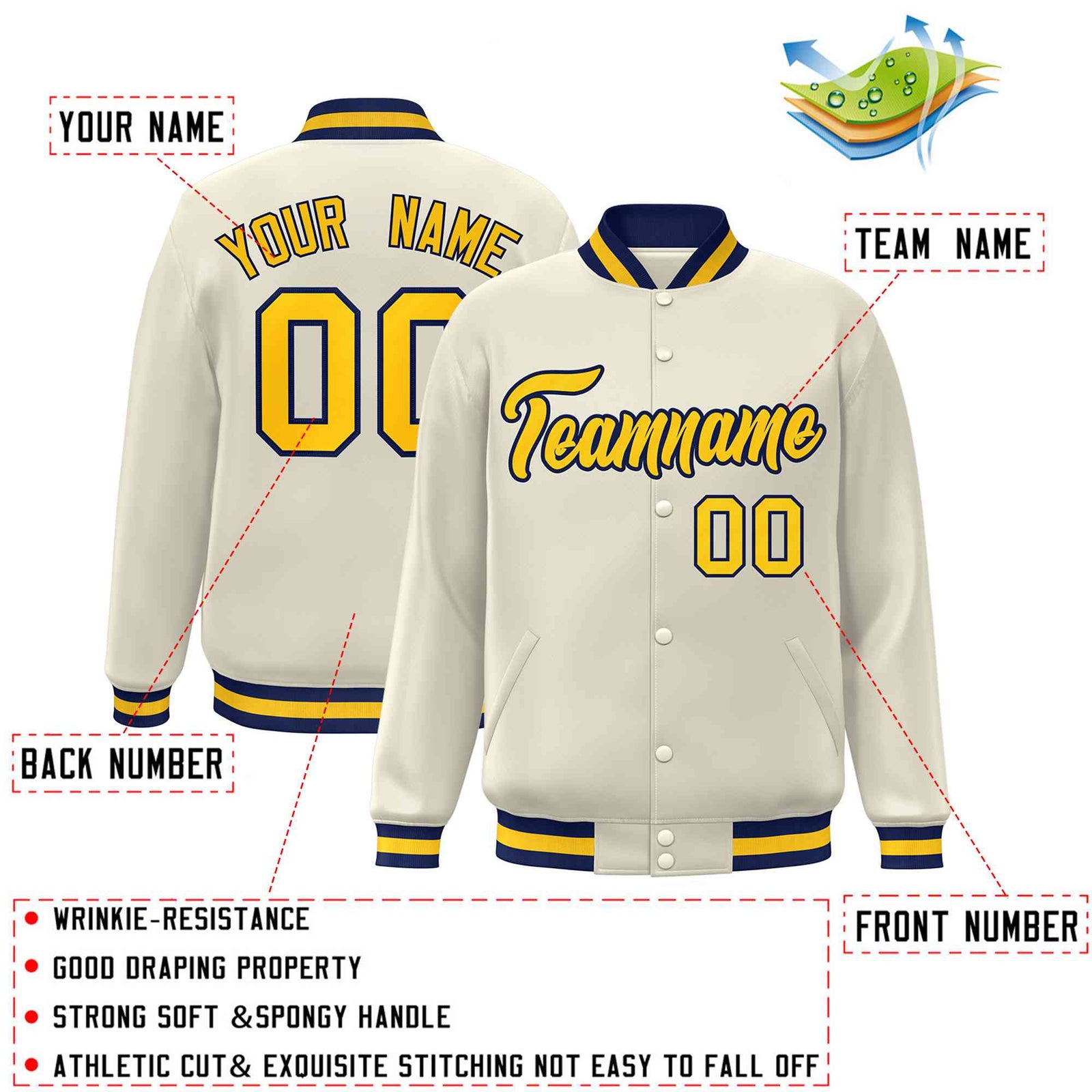 Custom Khaki Gold-Navy Classic Style Varsity Full-Snap Letterman Jacket