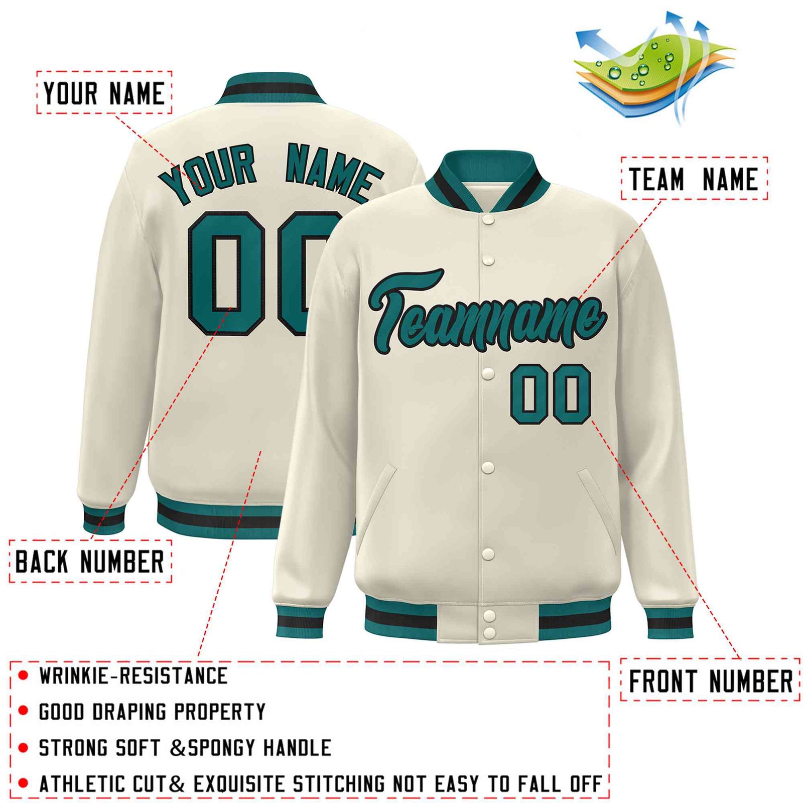 Custom Khaki Aqua-Black Classic Style Varsity Full-Snap Letterman Jacket
