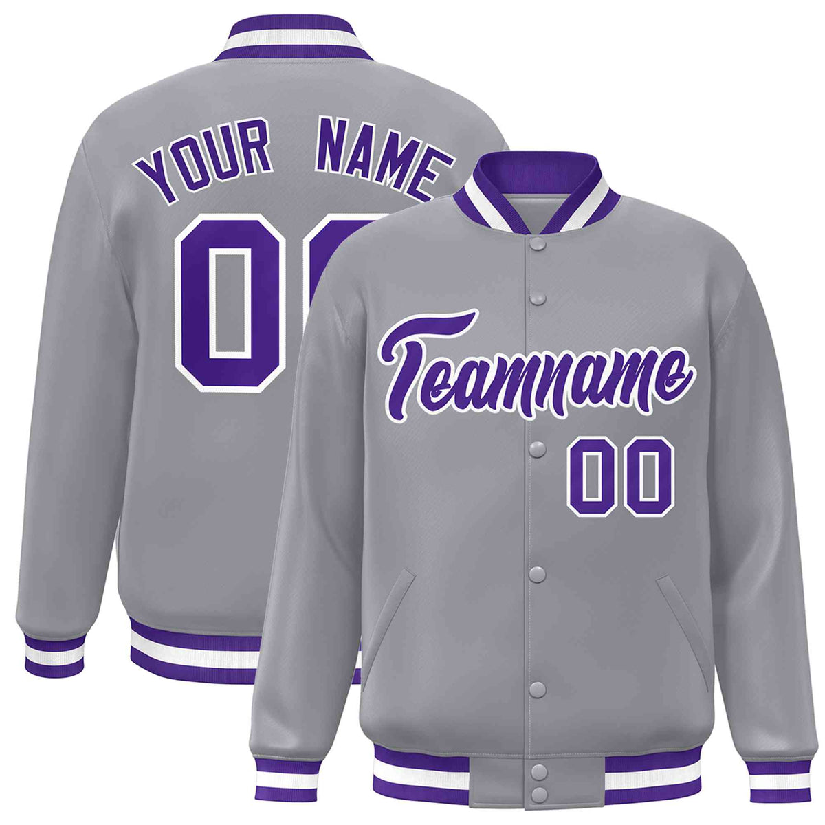 Custom Gray Purple-White Classic Style Varsity Full-Snap Letterman Jacket