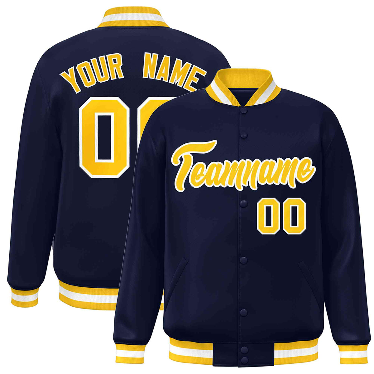 Custom Navy Gold-White Classic Style Varsity Full-Snap Letterman Jacket