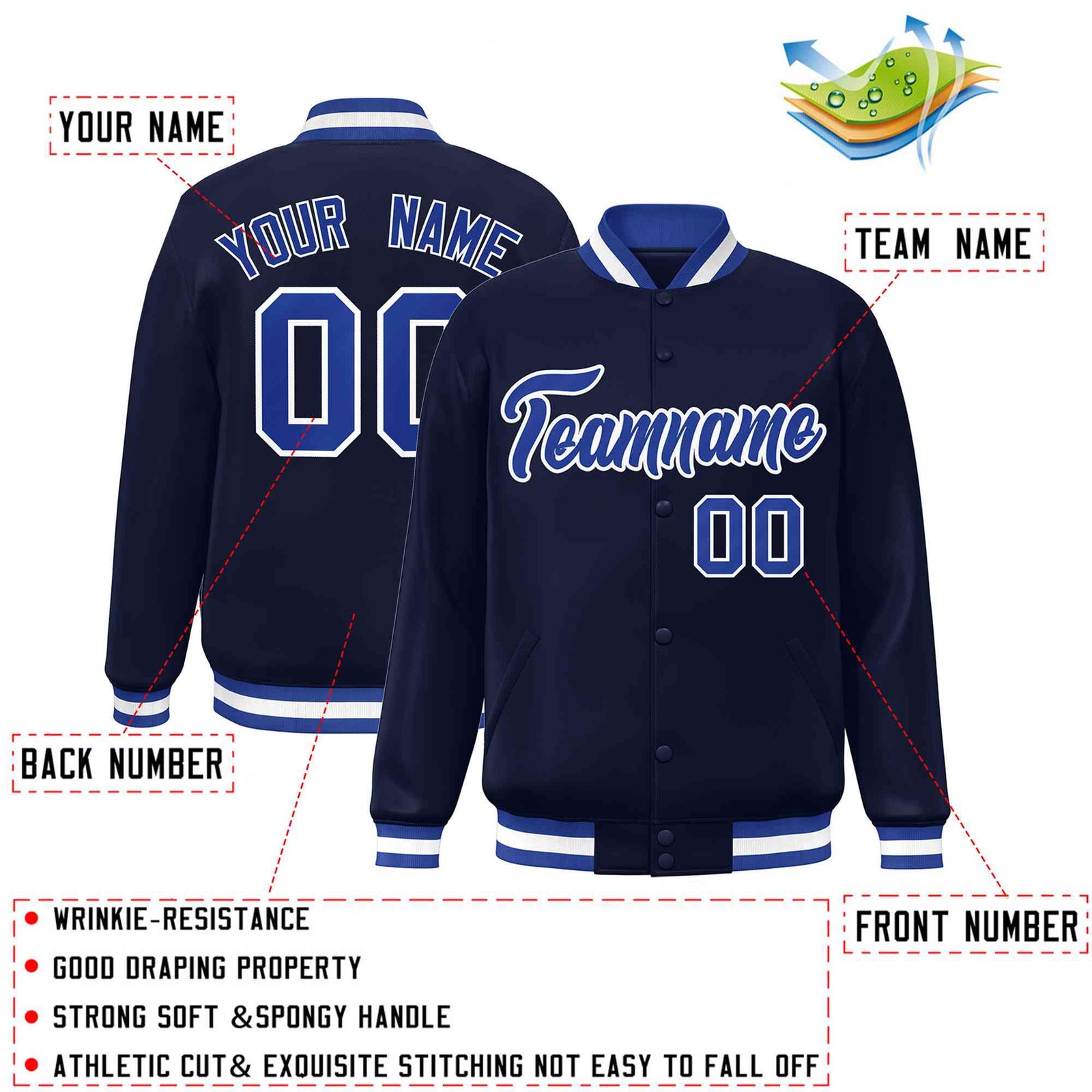Custom Navy Royal-White Classic Style Varsity Full-Snap Letterman Jacket