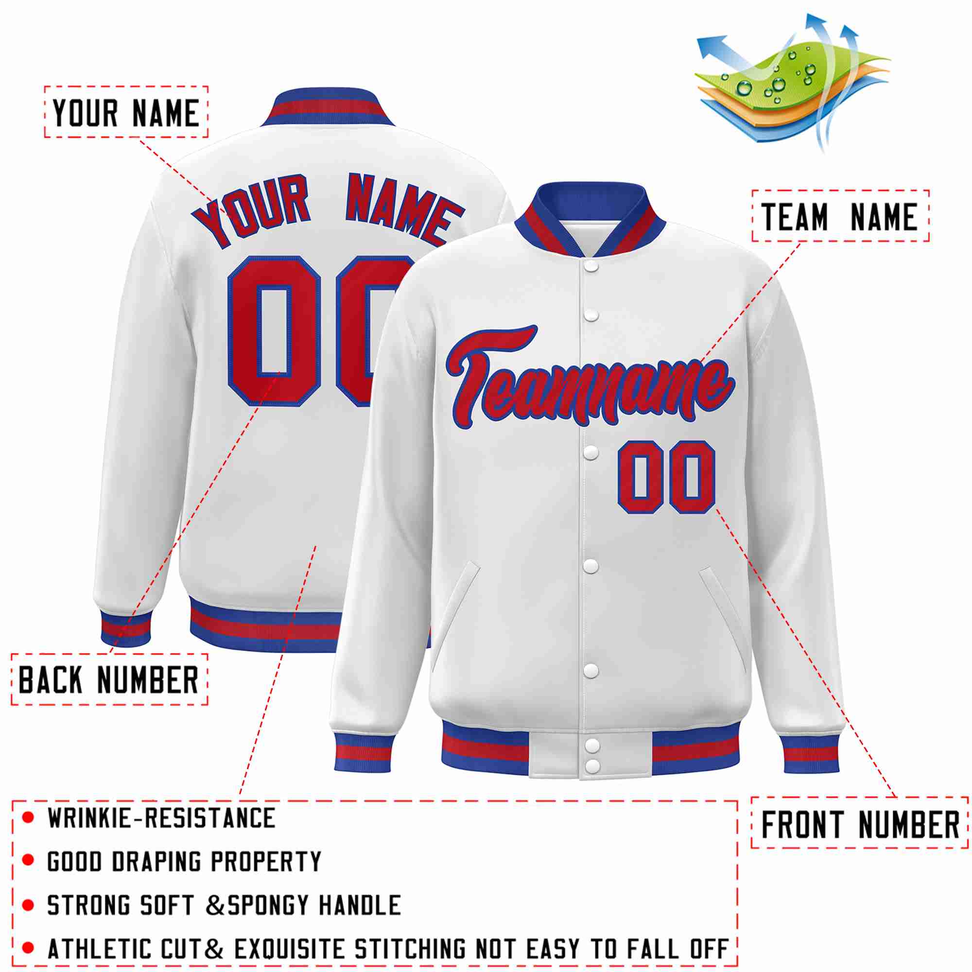 Custom White Red-Royal Classic Style Varsity Full-Snap Letterman Jacket