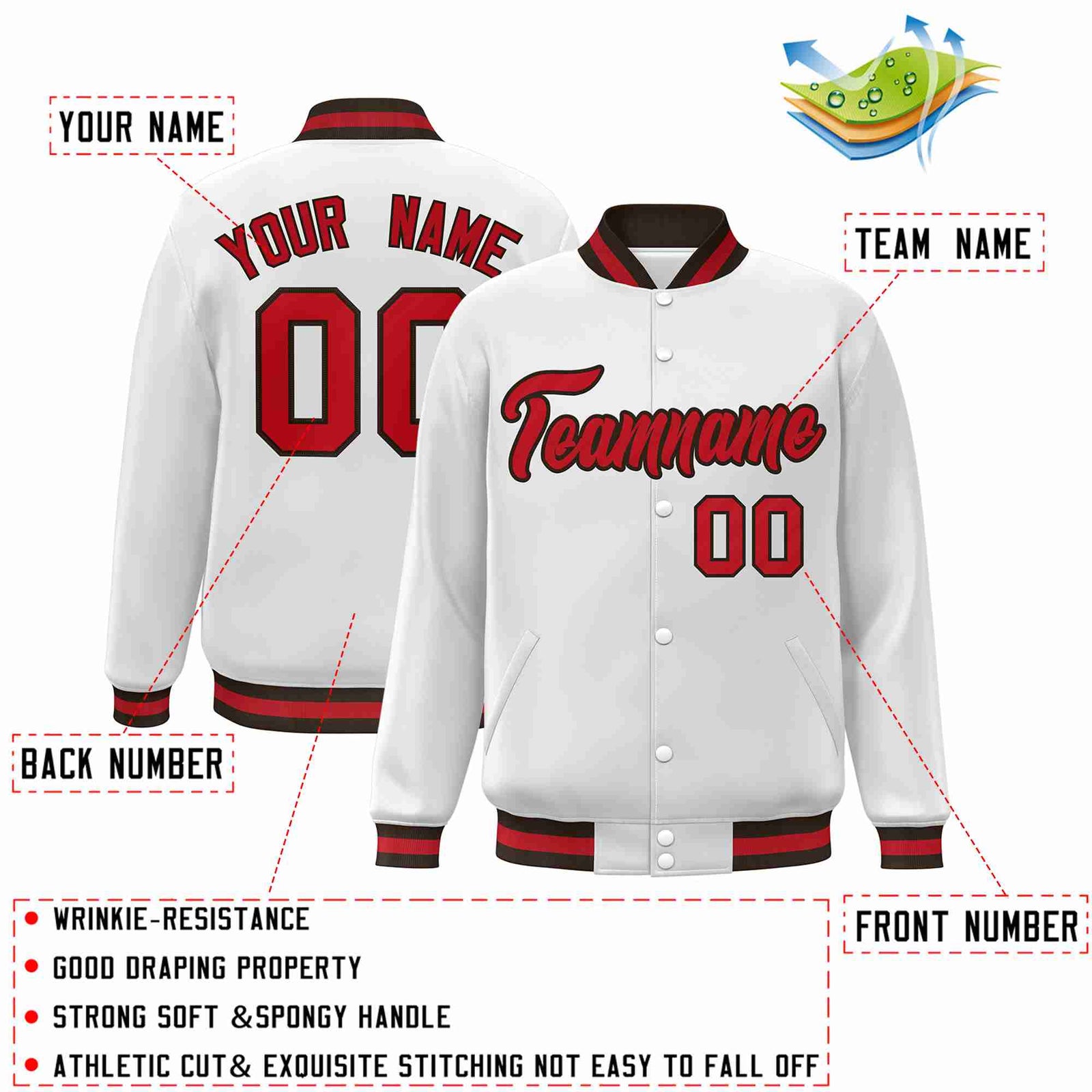 Custom White Red-Brown Classic Style Varsity Full-Snap Letterman Jacket