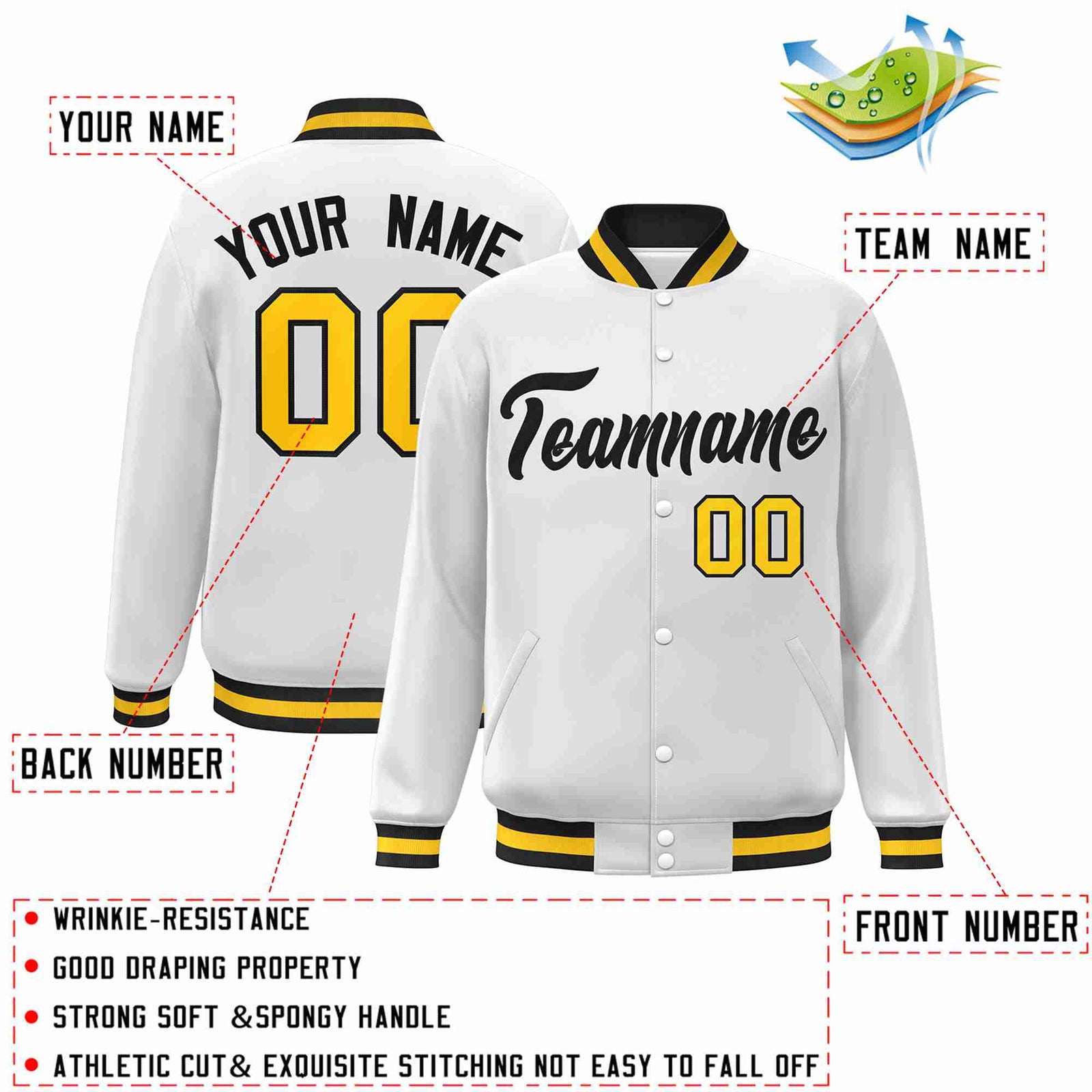 Custom White Black Classic Style Varsity Full-Snap Letterman Jacket
