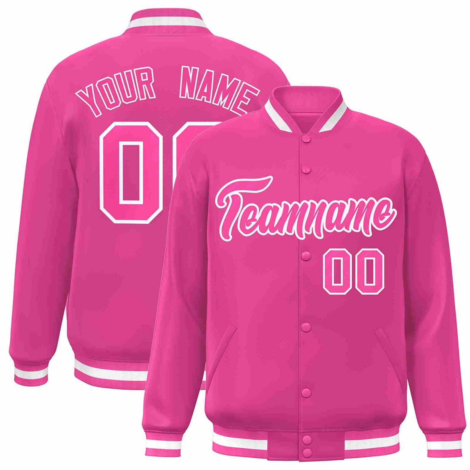 Custom Pink Pink-White Classic Style Varsity Full-Snap Letterman Jacket