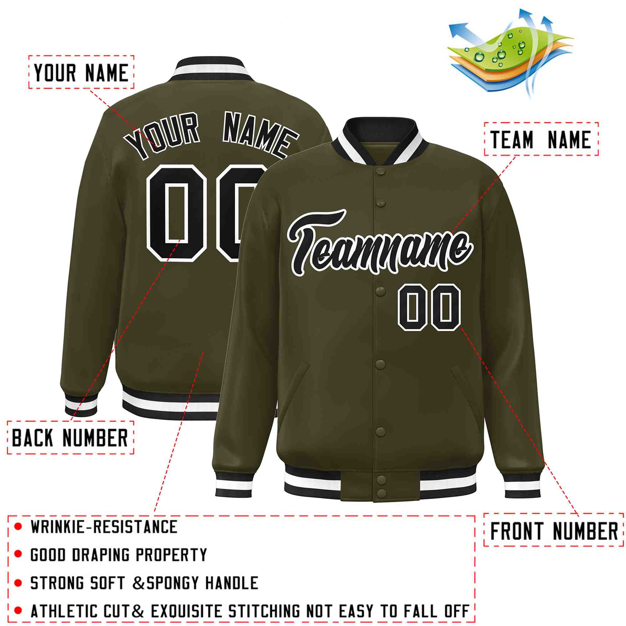 Custom Olive Black-White Classic Style Varsity Full-Snap Letterman Jacket