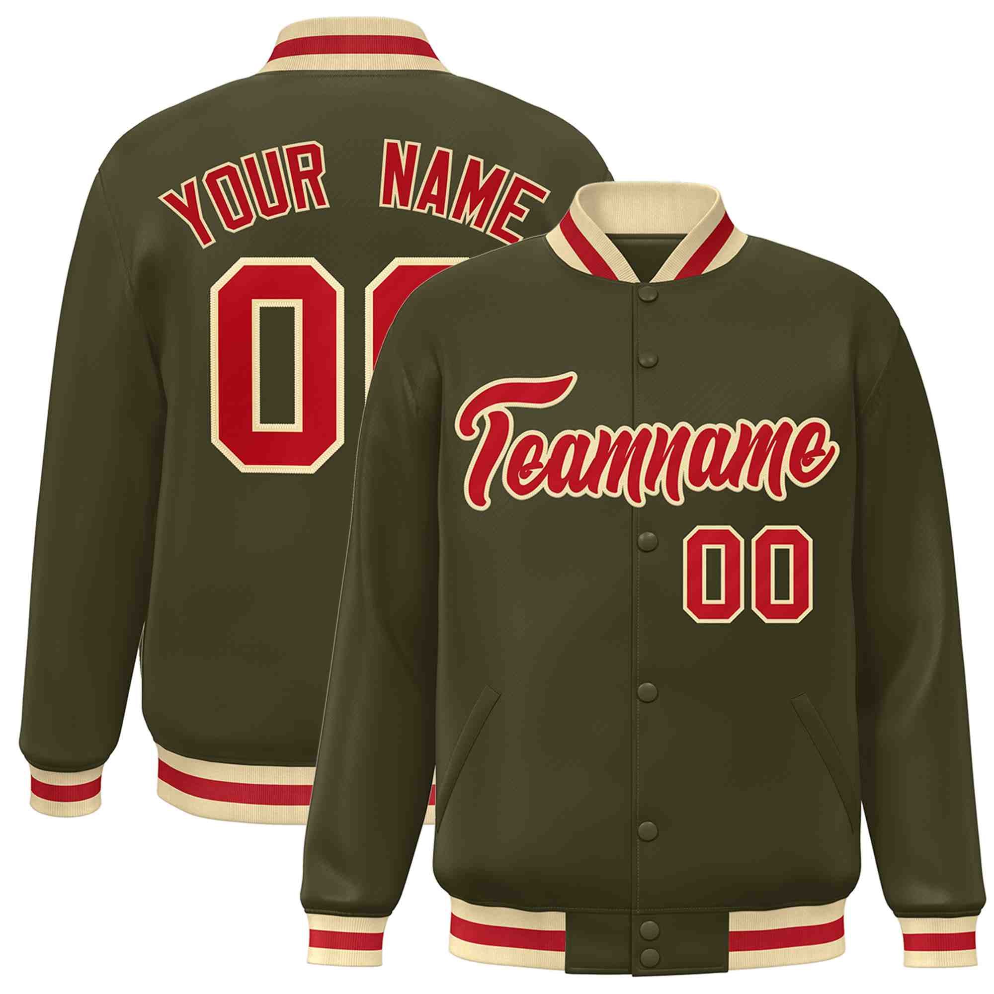 Custom Olive Red-Khaki Classic Style Varsity Full-Snap Letterman Jacket