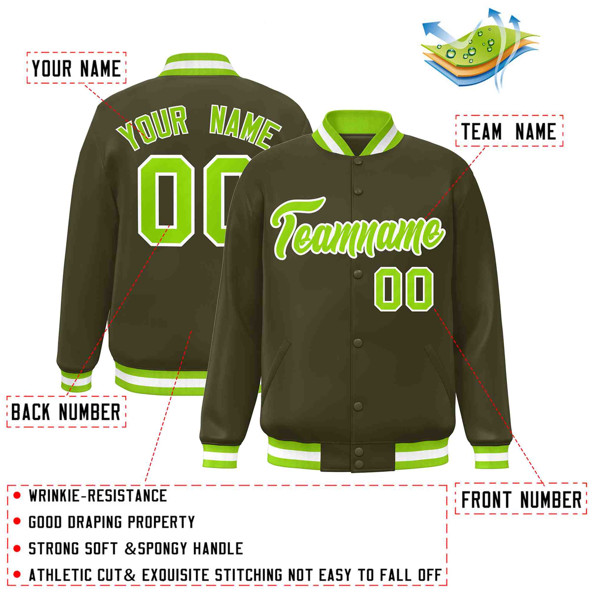 Custom Olive Neon Green-White Classic Style Varsity Full-Snap Letterman Jacket