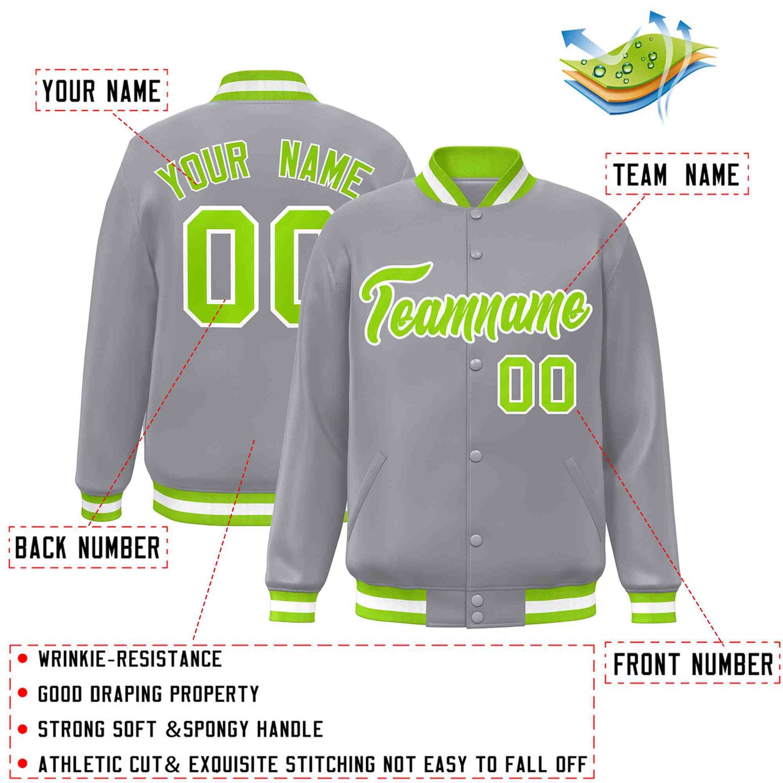 Custom Gray Neon Green-White Classic Style Varsity Full-Snap Letterman Jacket