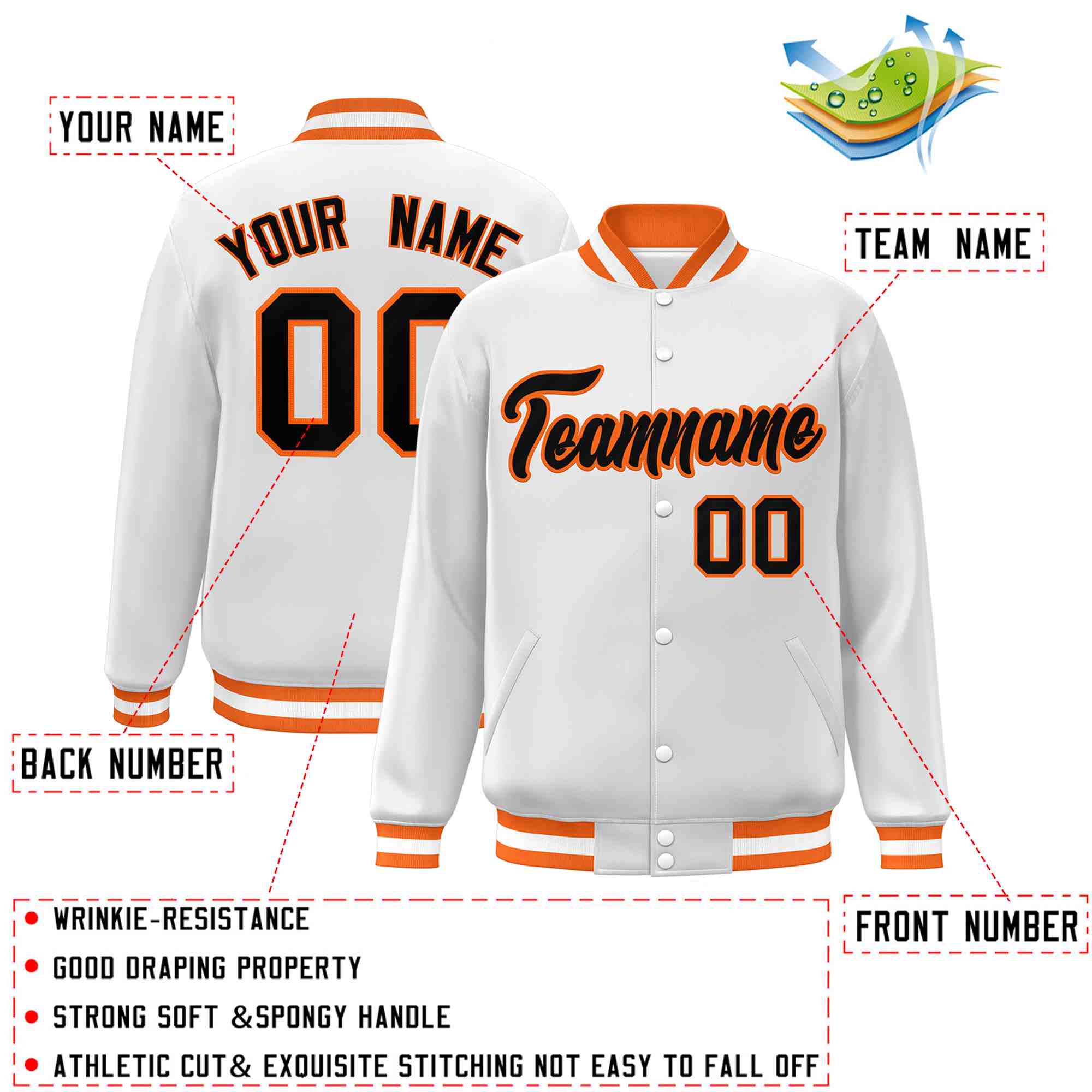 Custom White Black-Orange Classic Style Varsity Full-Snap Letterman Jacket