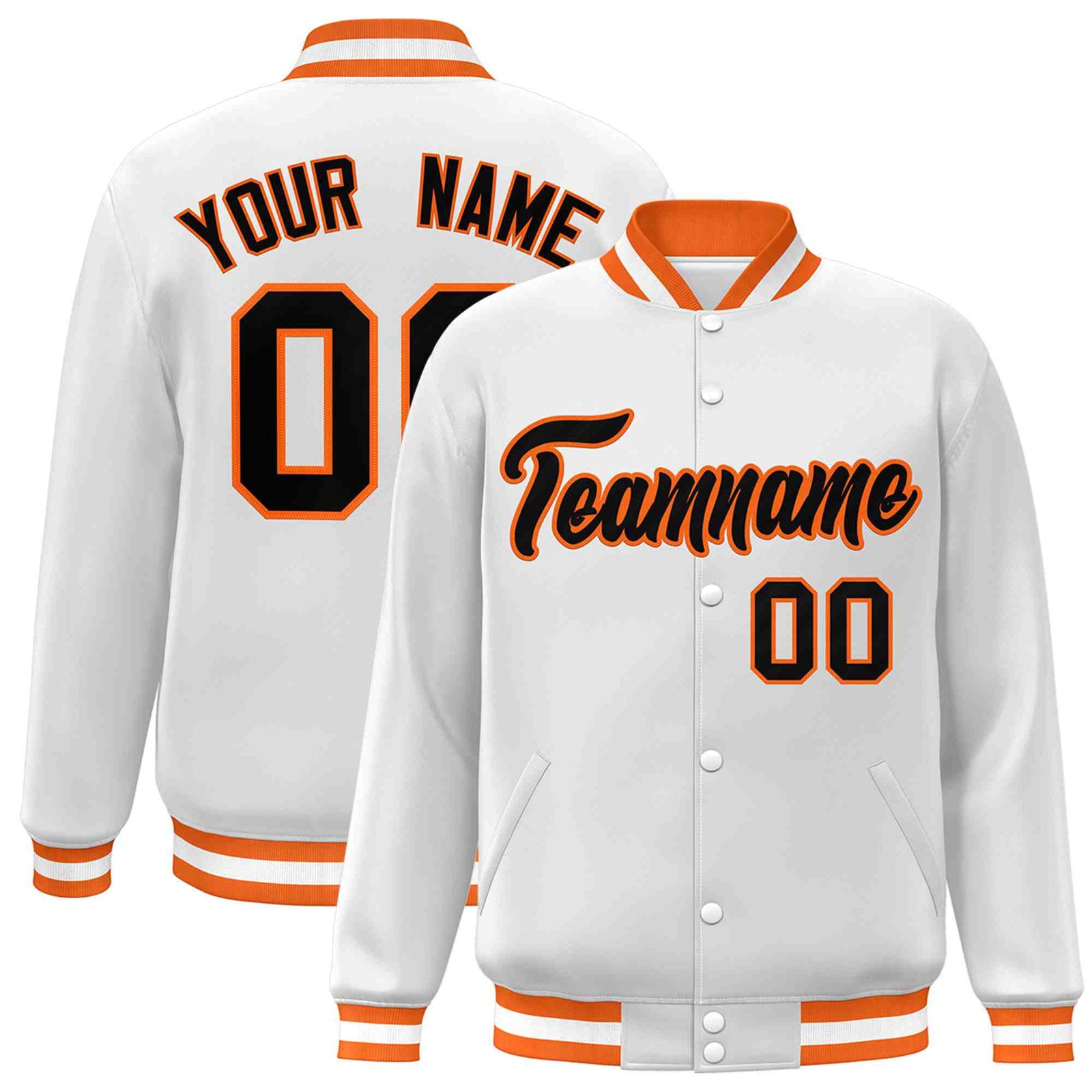 Custom White Black-Orange Classic Style Varsity Full-Snap Letterman Jacket