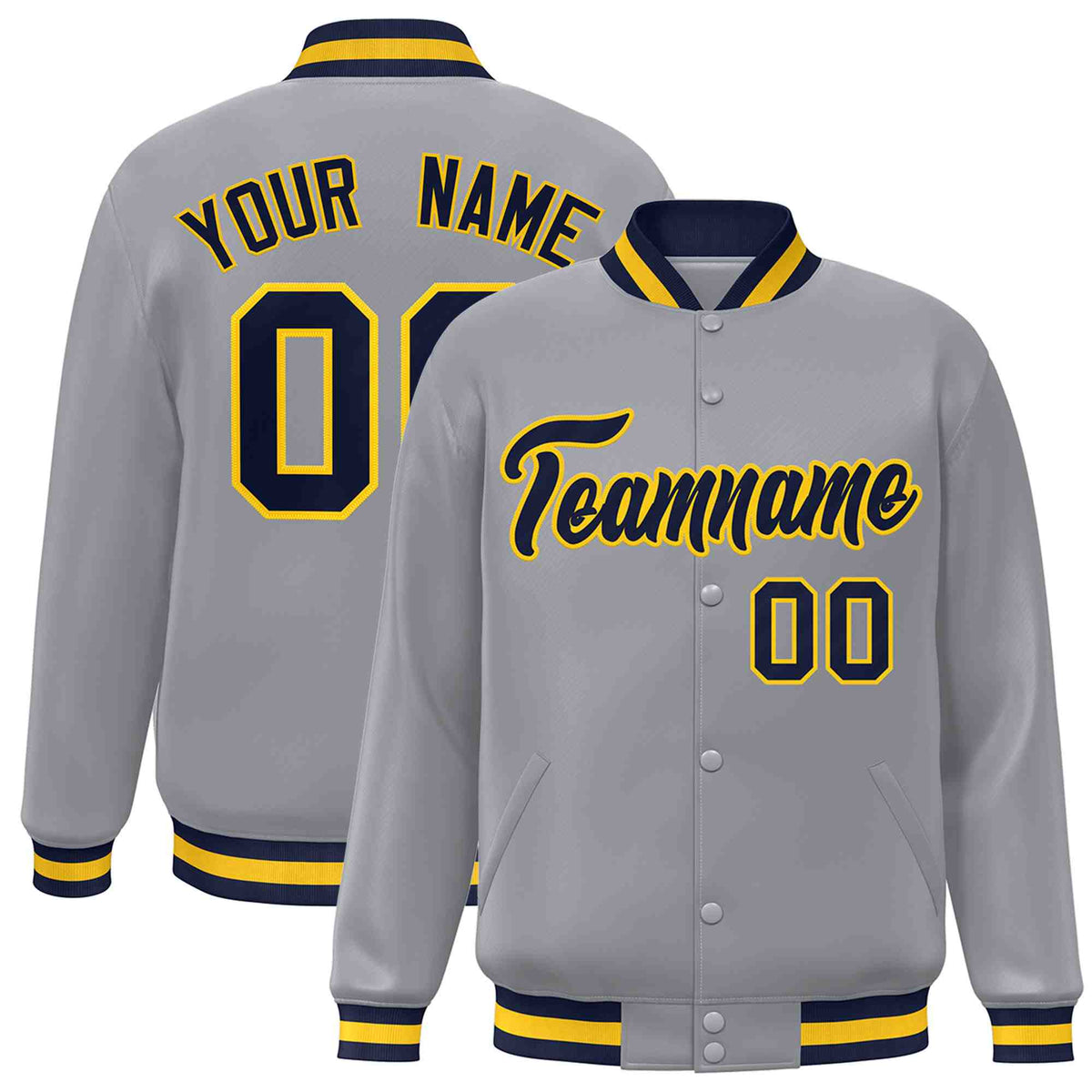 Custom Gray Navy-Gold Classic Style Varsity Full-Snap Letterman Jacket