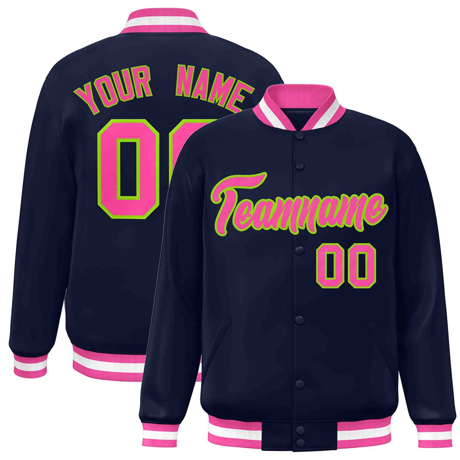 Custom Navy Pink-Neon Green Classic Style Varsity Full-Snap Letterman Jacket
