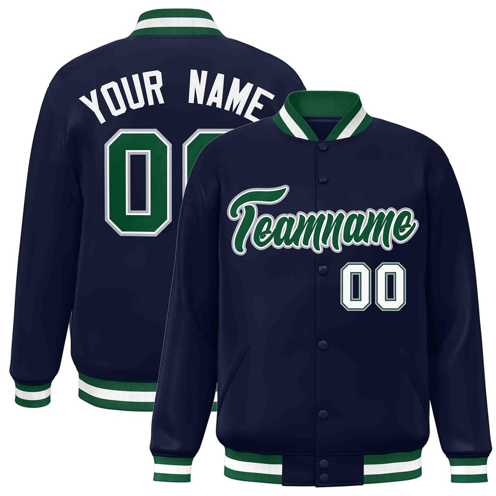 Custom Navy Green-White Classic Style Varsity Full-Snap Letterman Jacket