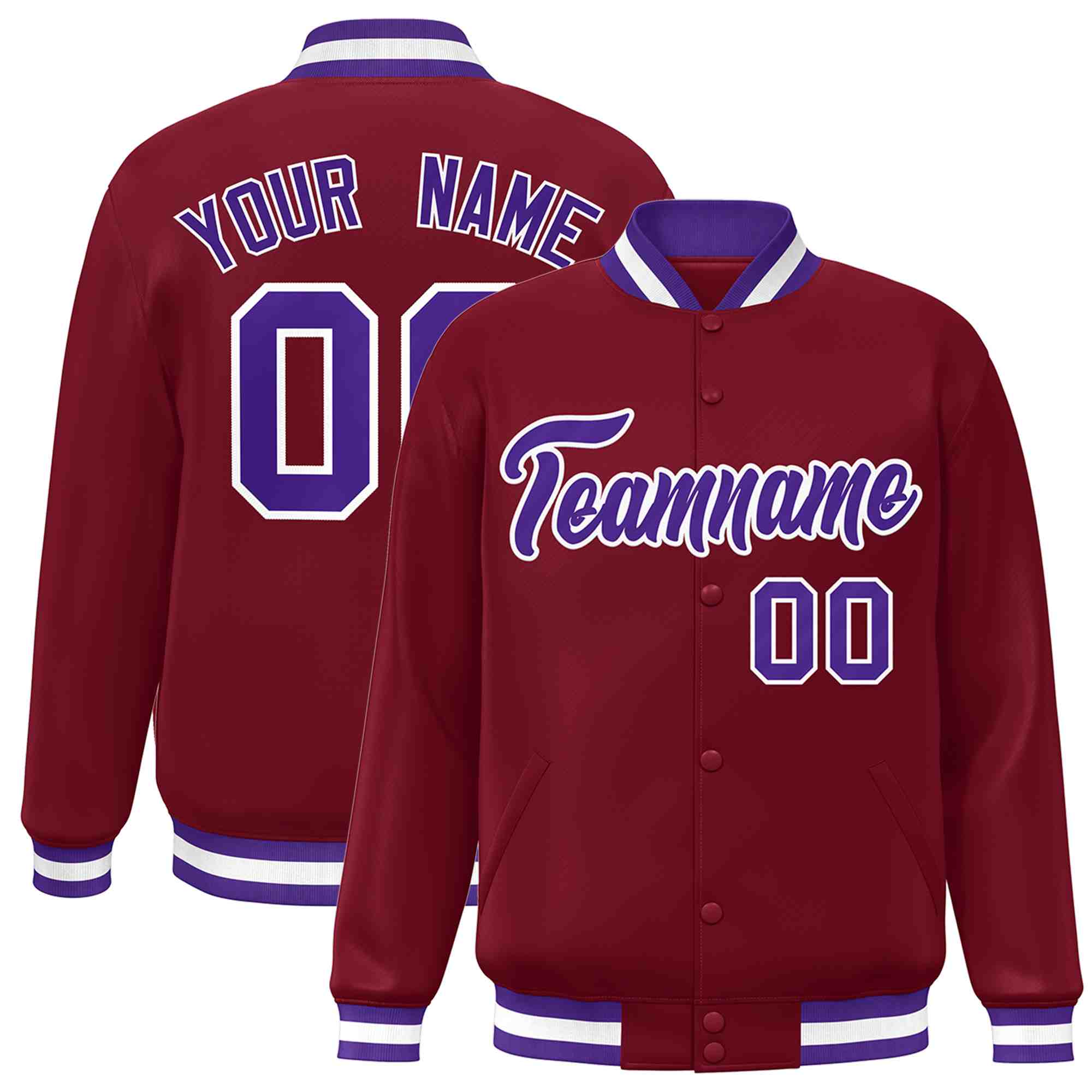 Custom Crimson Purple-White Classic Style Varsity Full-Snap Letterman Jacket