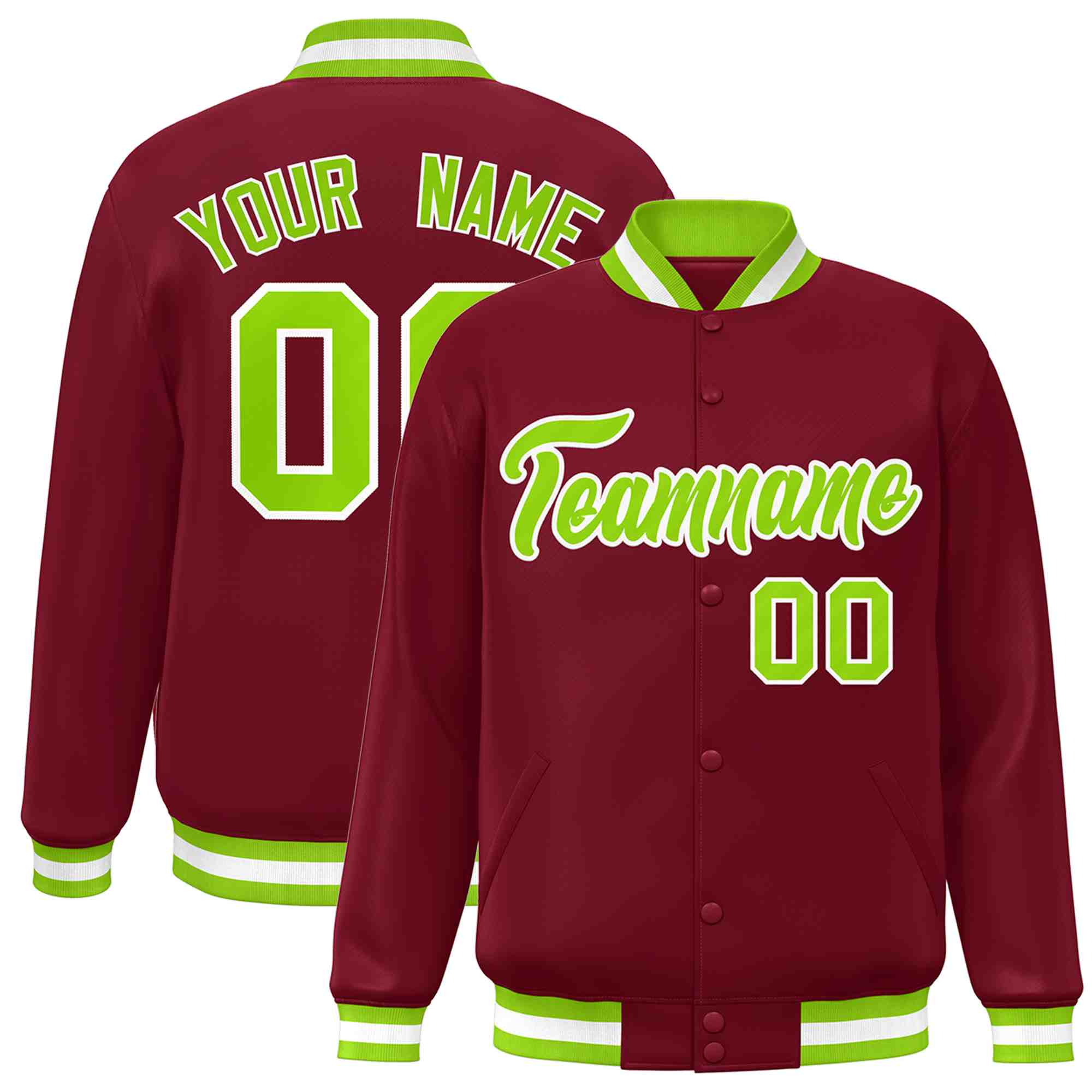 Custom Crimson Neon Green-White Classic Style Varsity Full-Snap Letterman Jacket