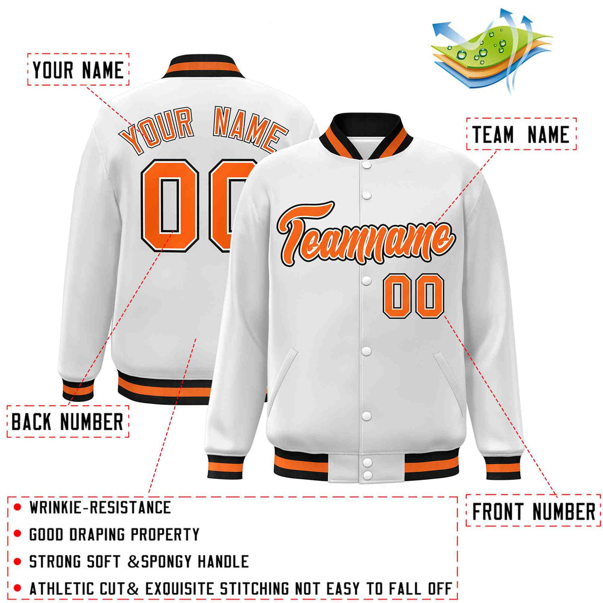 Custom White Orange-White Classic Style Varsity Full-Snap Letterman Jacket