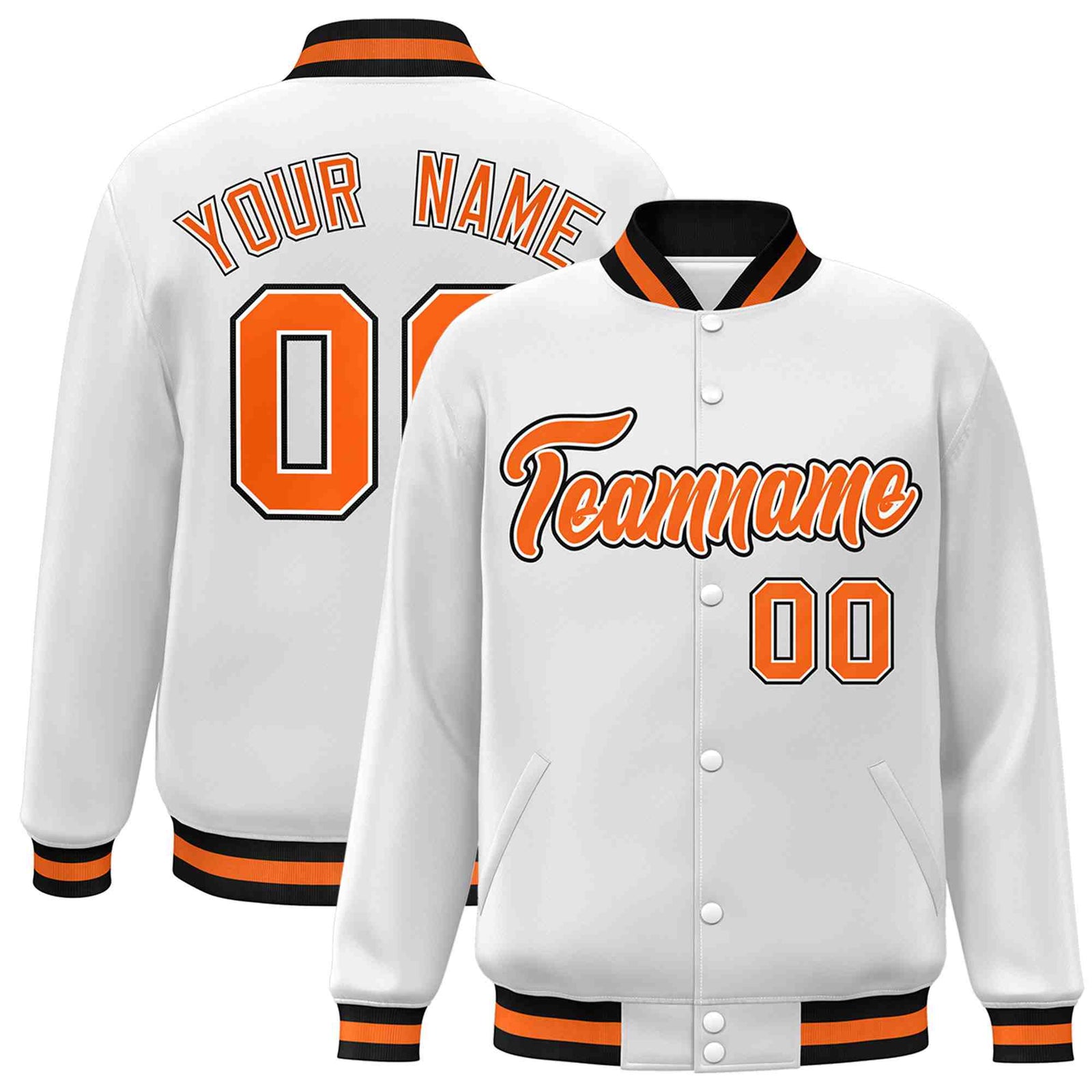 Custom White Orange-White Classic Style Varsity Full-Snap Letterman Jacket