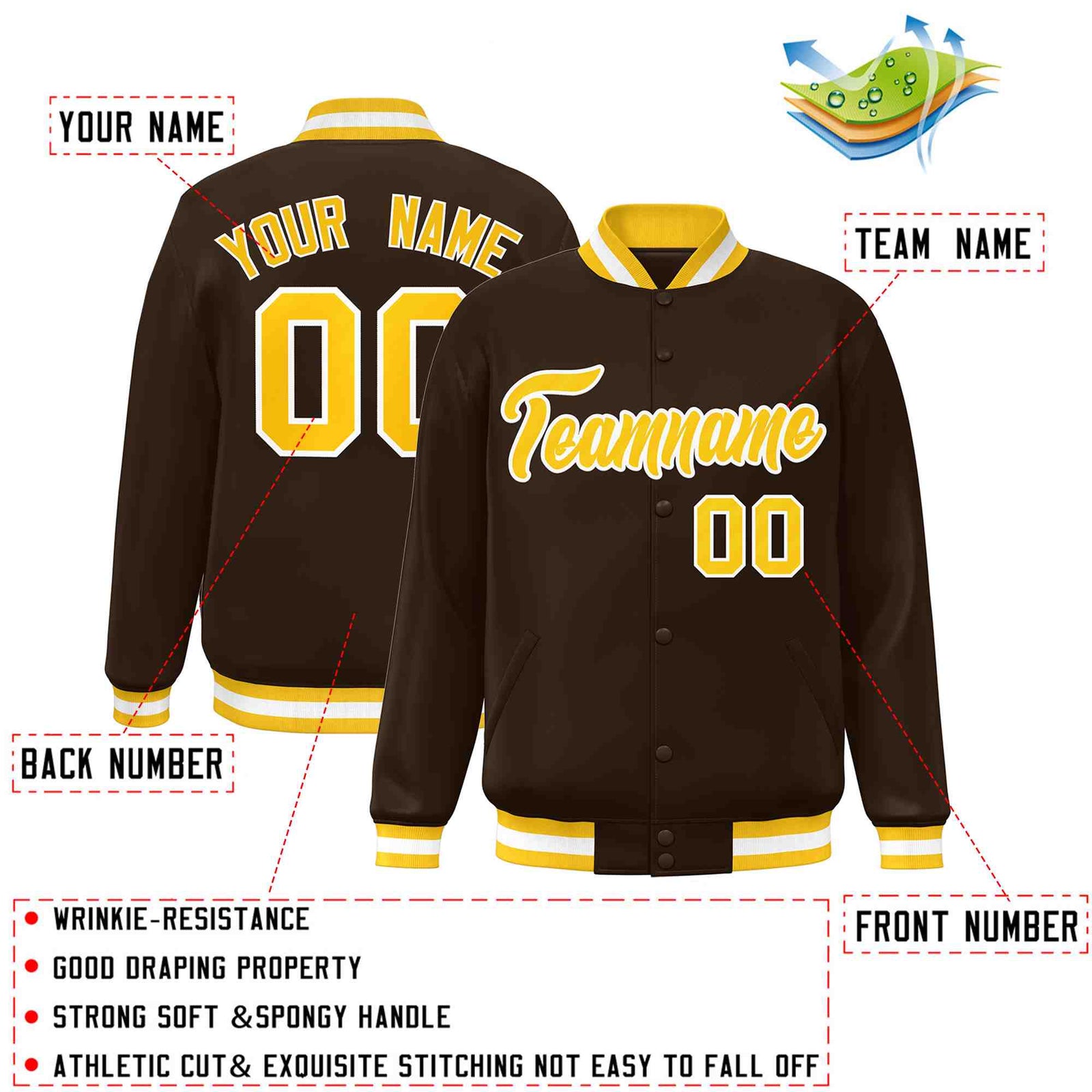 Custom Brown Gold-White Classic Style Varsity Full-Snap Letterman Jacket