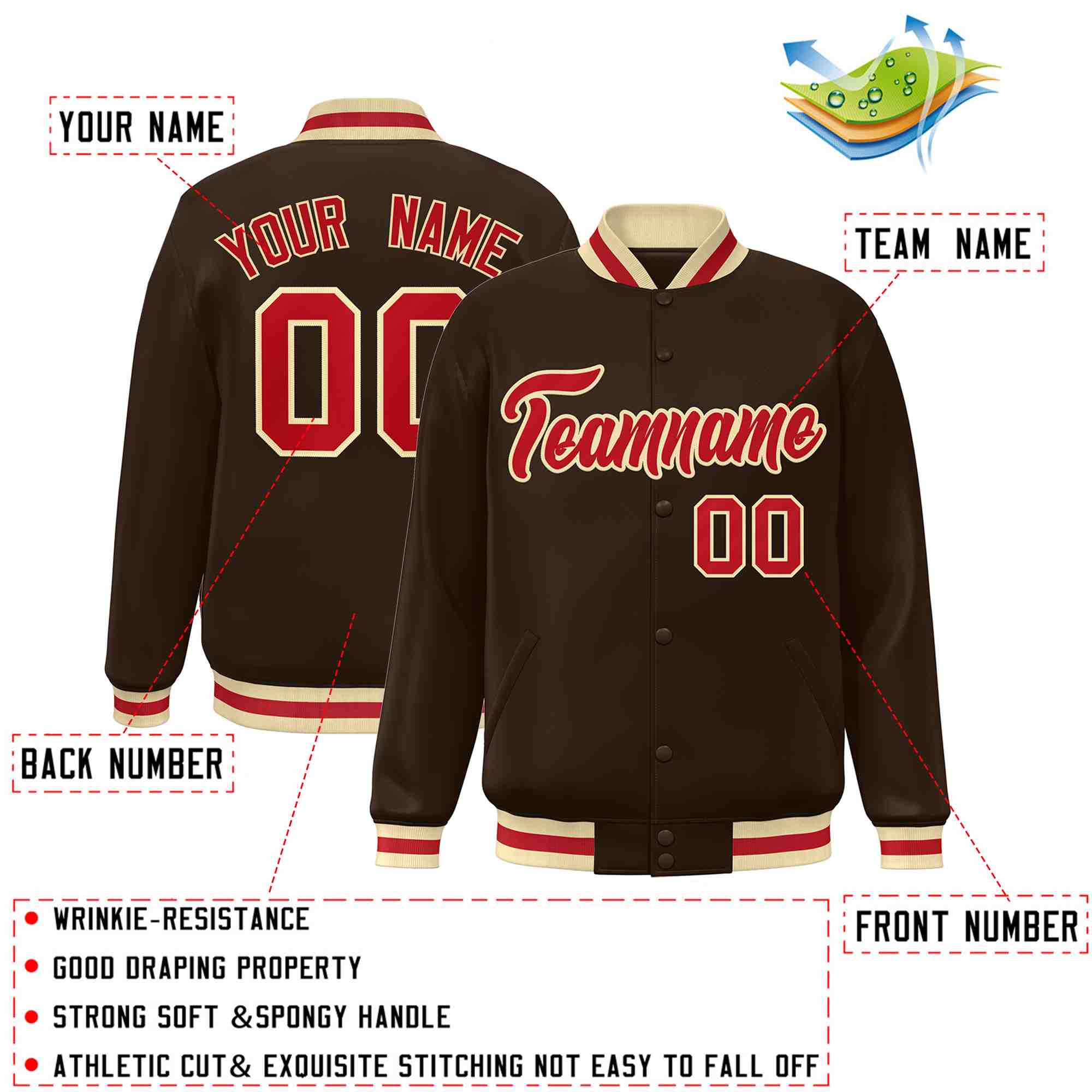Custom Brown Red-Khaki Classic Style Varsity Full-Snap Letterman Jacket