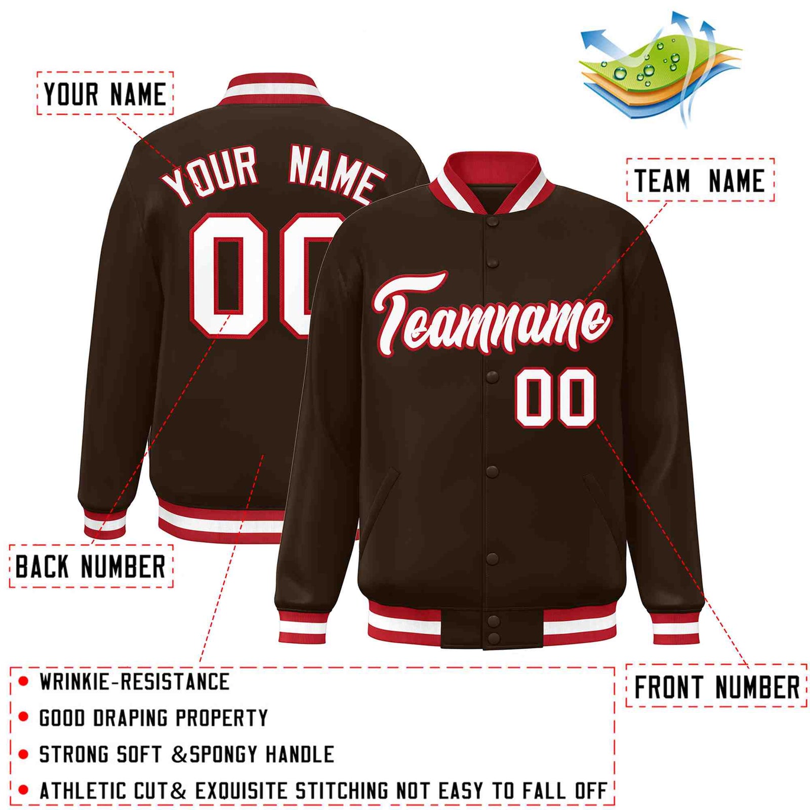 Custom Brown White-Red Classic Style Varsity Full-Snap Letterman Jacket