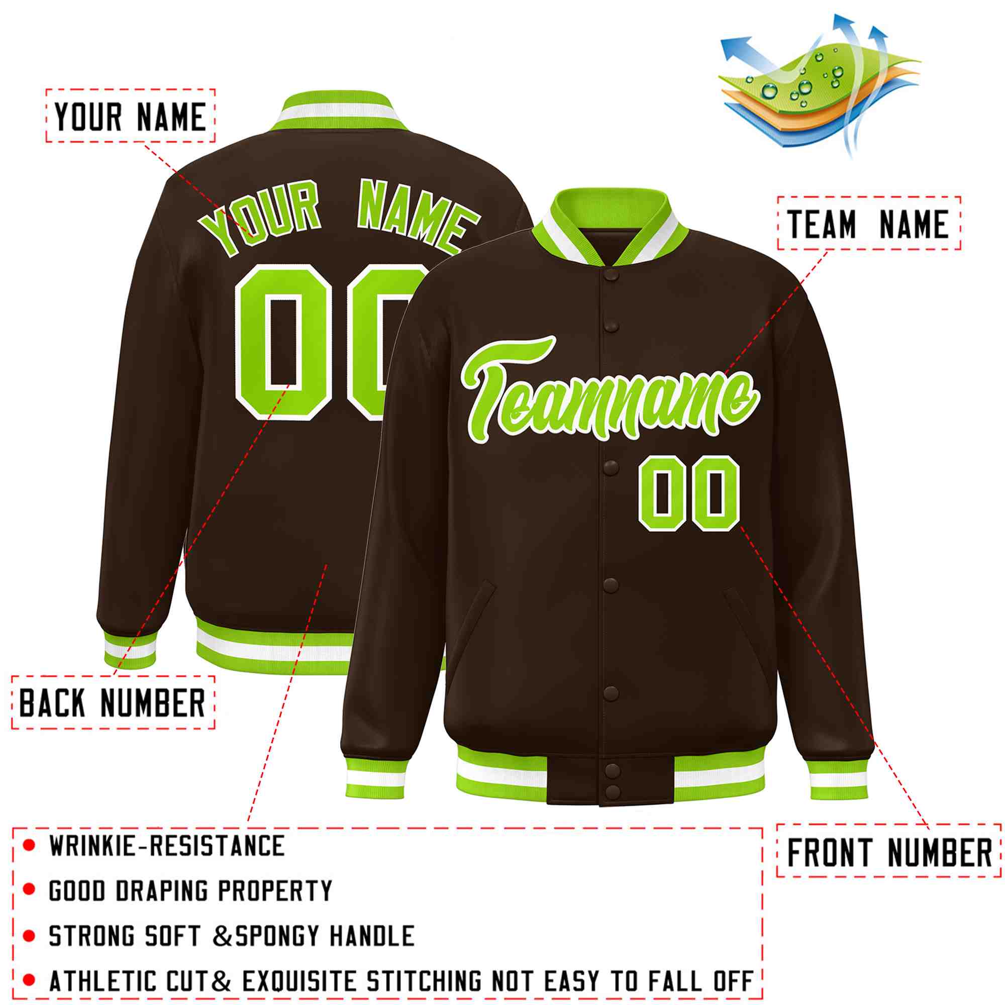 Custom Brown Neon Green-White Classic Style Varsity Full-Snap Letterman Jacket