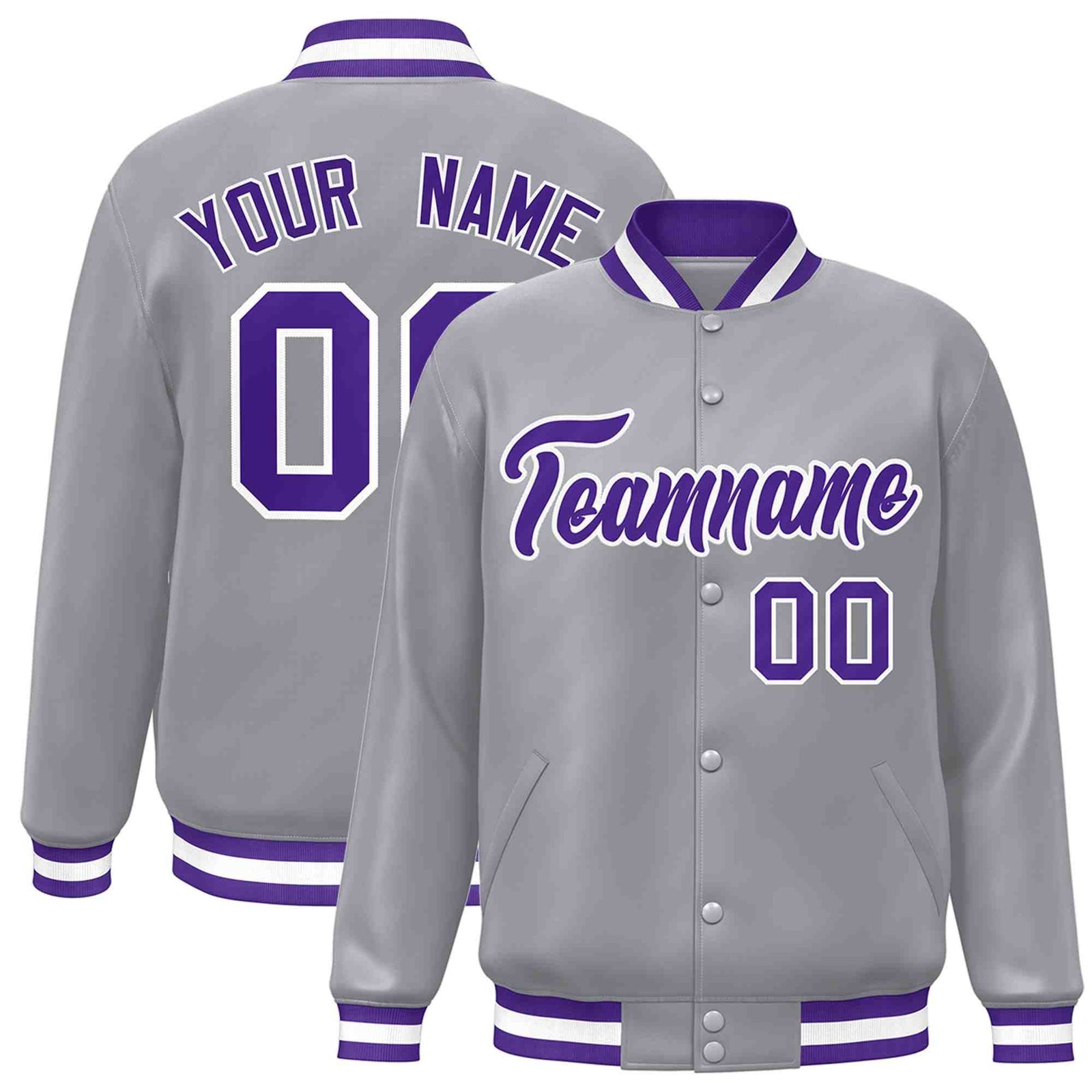 Custom Gray Purple-White Classic Style Varsity Full-Snap Letterman Jacket