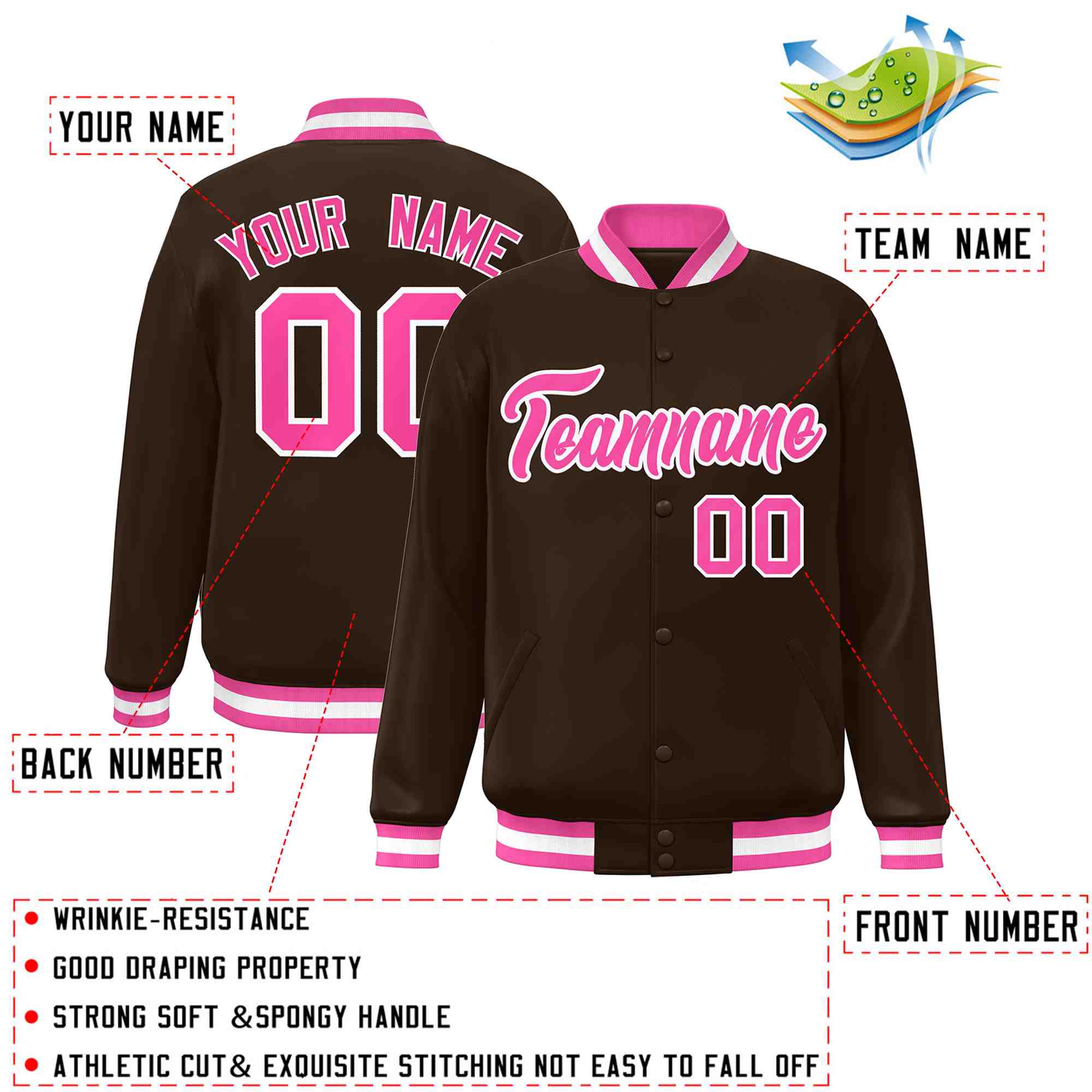 Custom Brown Pink-White Classic Style Varsity Full-Snap Letterman Jacket