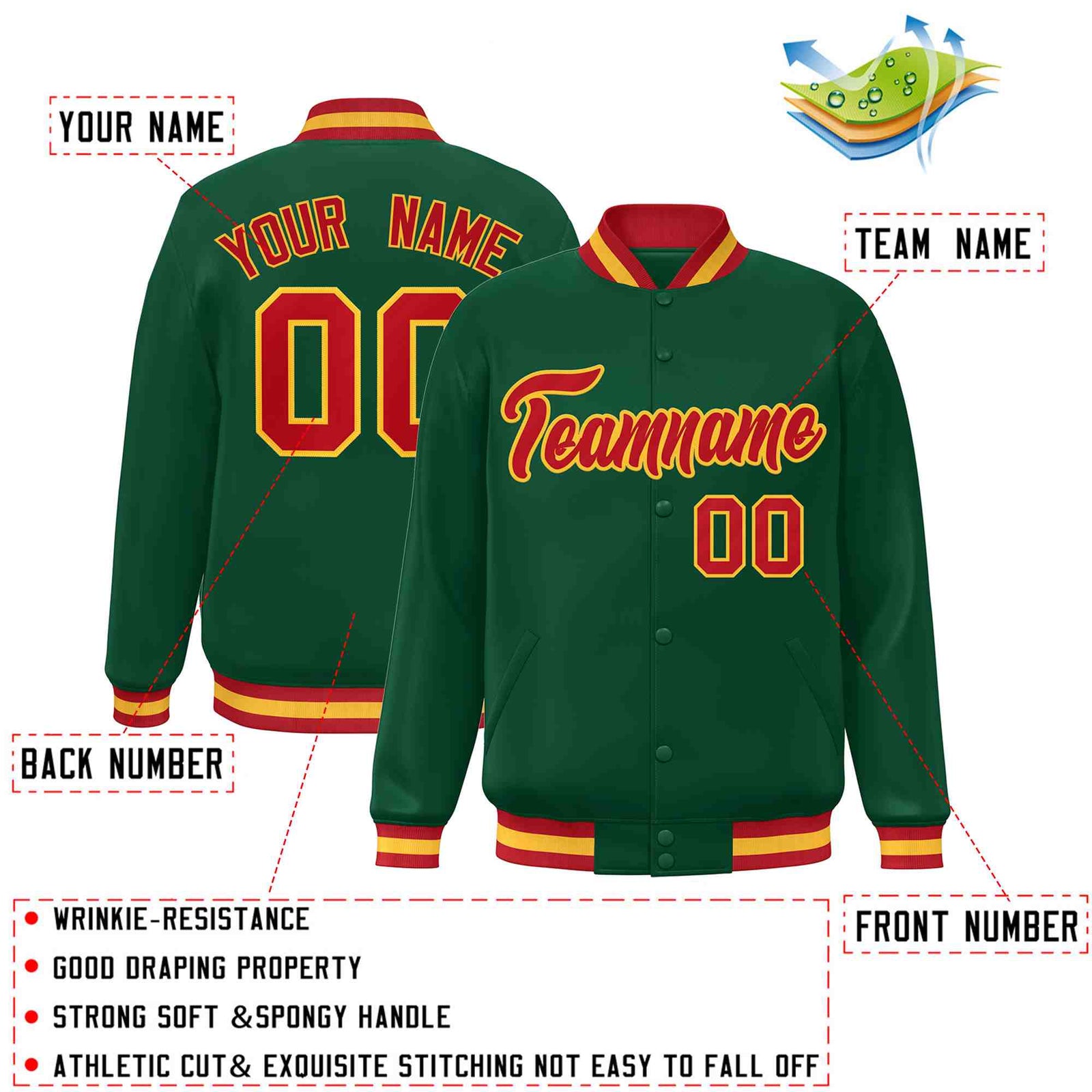 Custom Green Red-Gold Classic Style Varsity Full-Snap Letterman Jacket