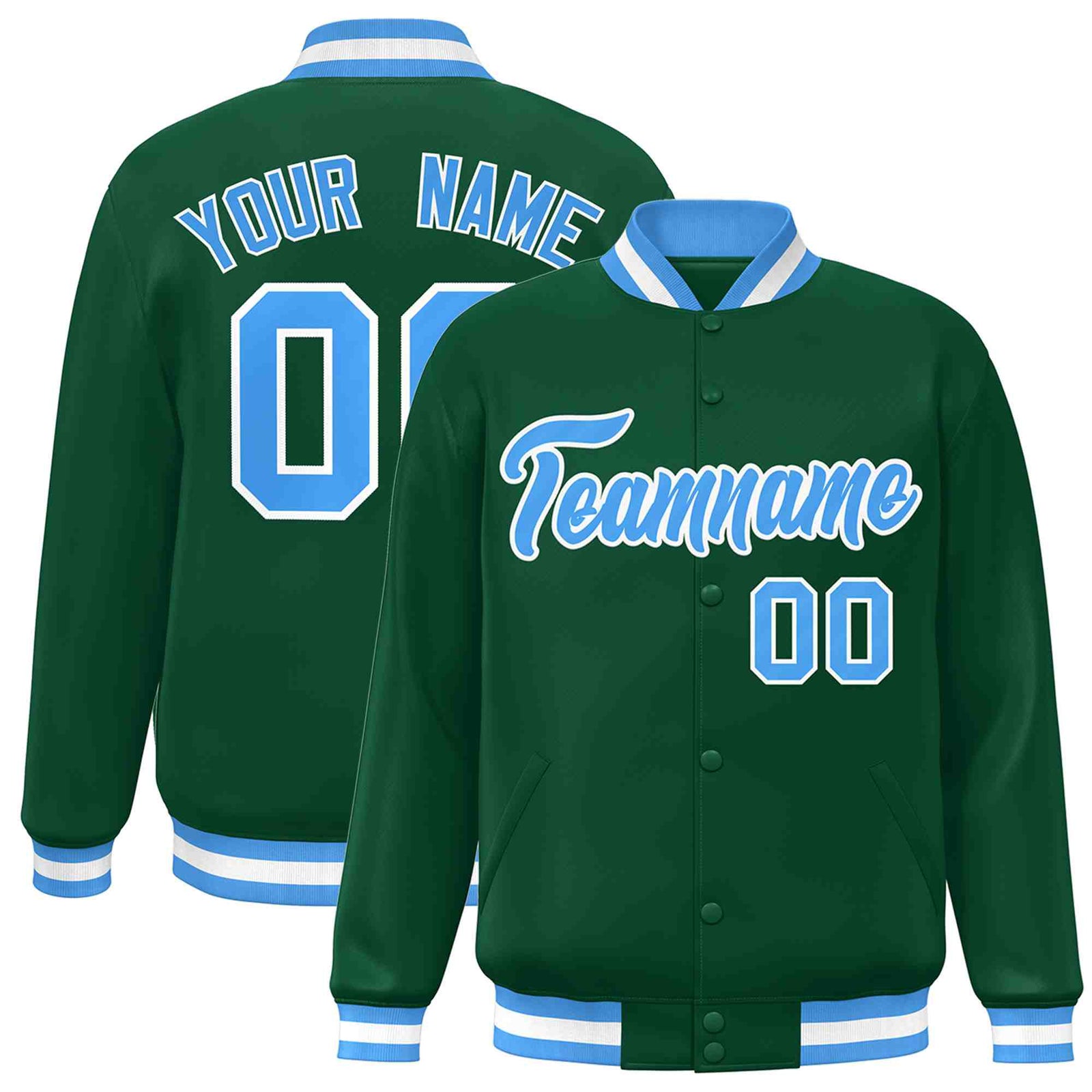 Custom Green Powder Blue-White Classic Style Varsity Full-Snap Letterman Jacket