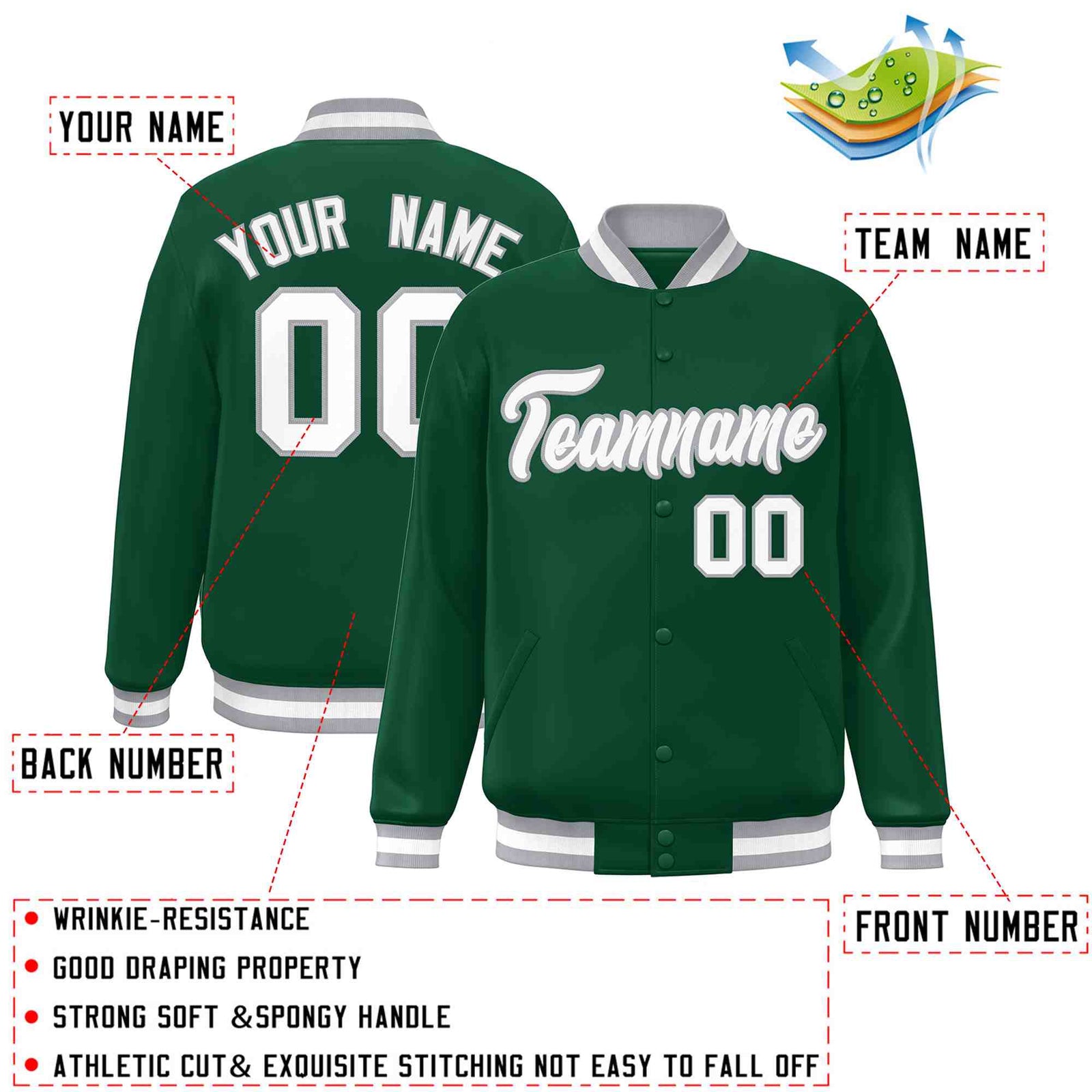 Custom Green White-Gray Classic Style Varsity Full-Snap Letterman Jacket