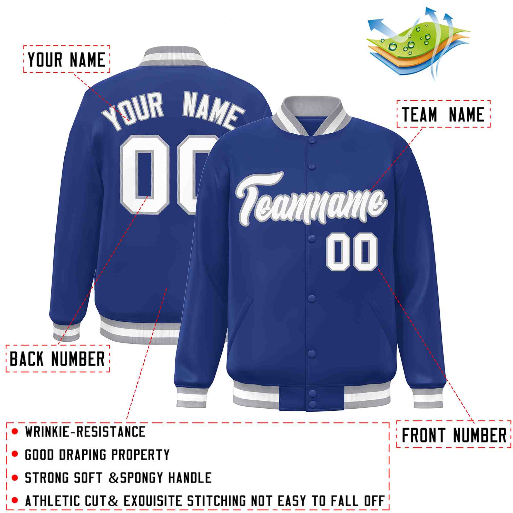 Custom Royal White-Gray Classic Style Varsity Full-Snap Letterman Jacket