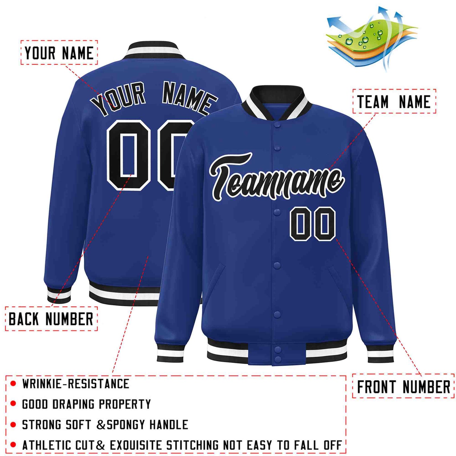 Custom Royal Black-White Classic Style Varsity Full-Snap Letterman Jacket