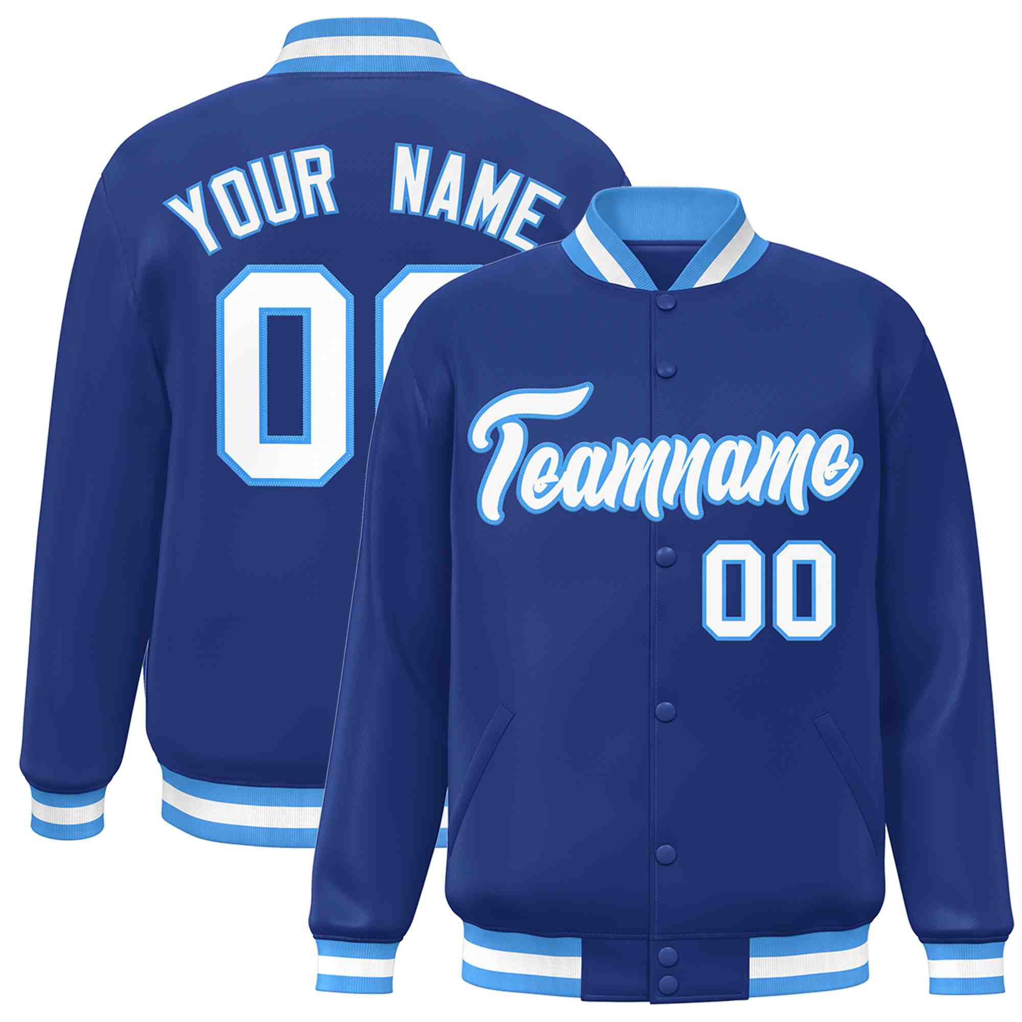 Custom Royal White-Powder Blue Classic Style Varsity Full-Snap Letterman Jacket