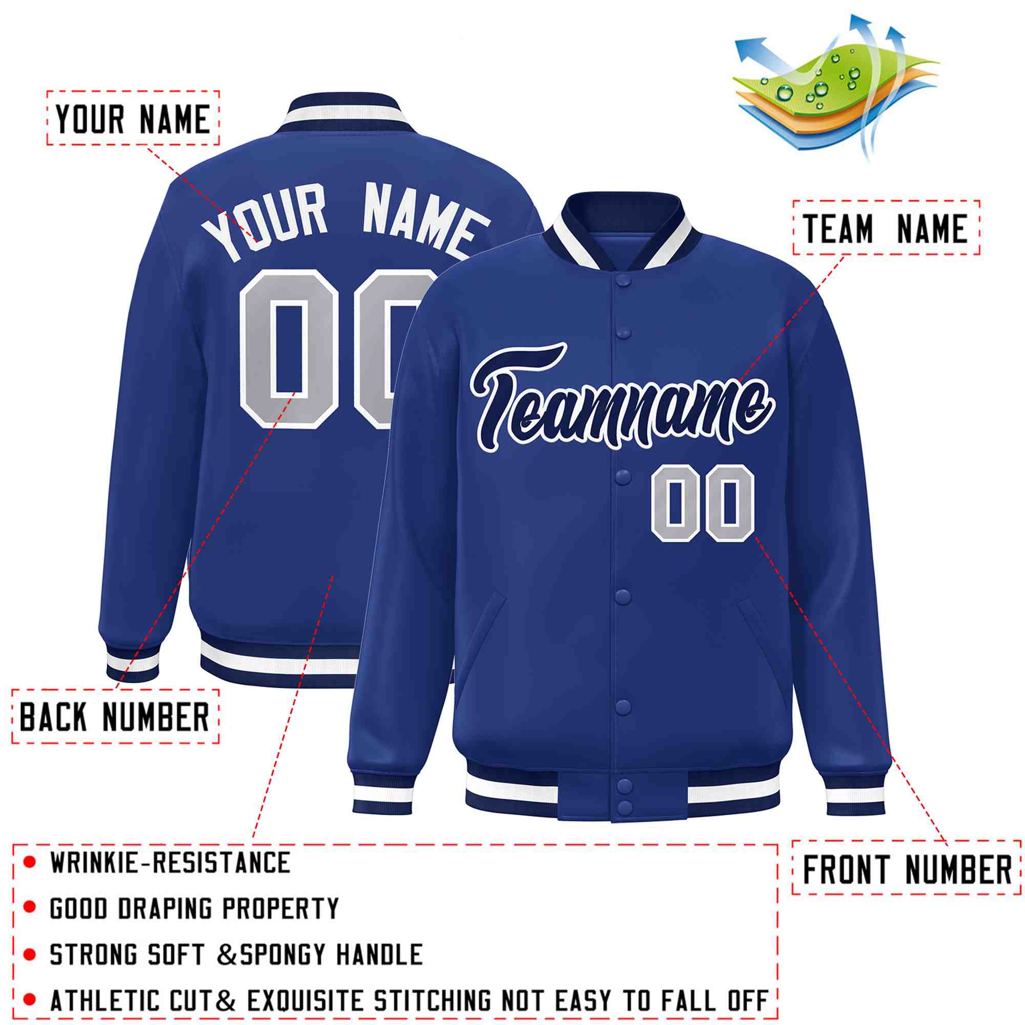 Custom Royal Navy-White Classic Style Varsity Full-Snap Letterman Jacket