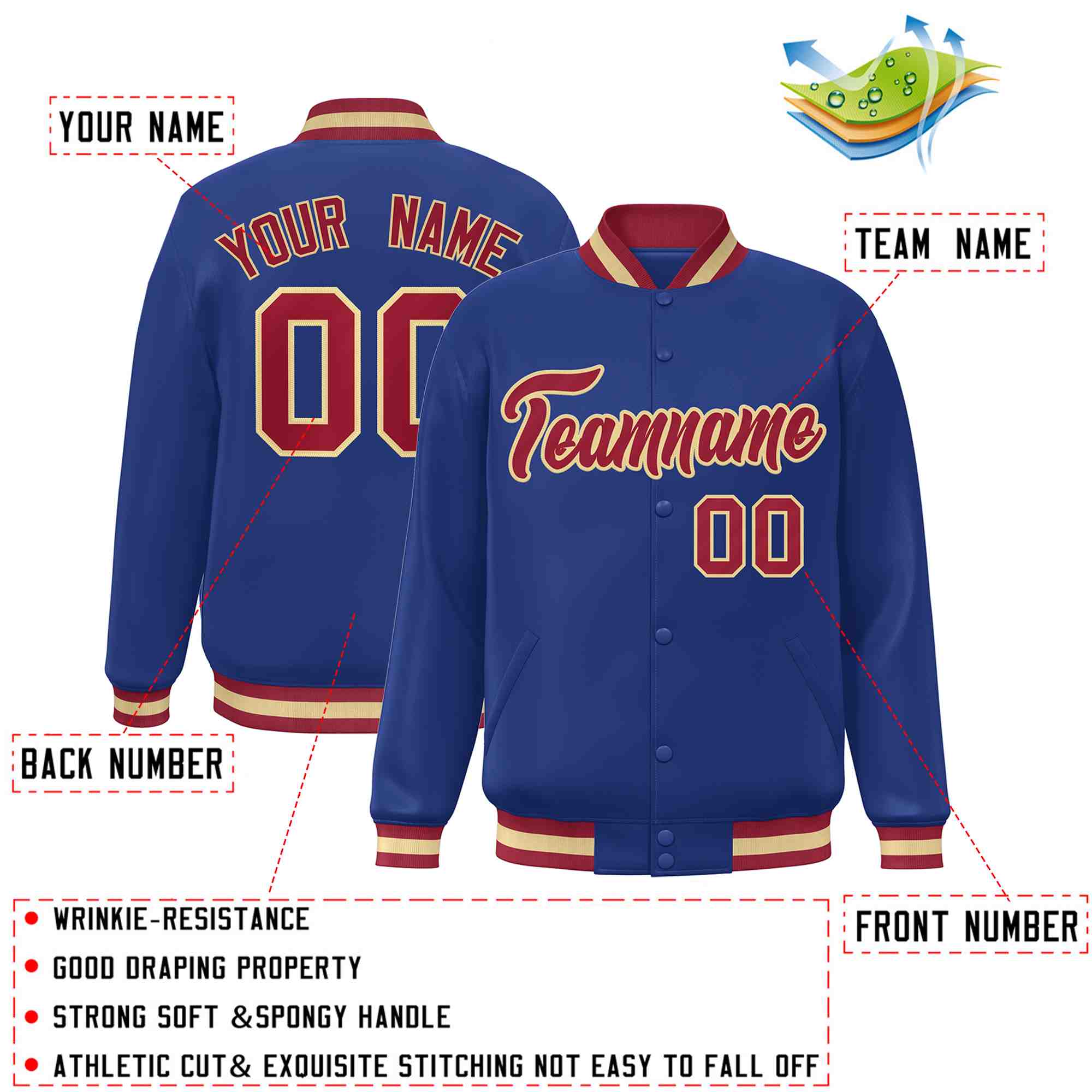 Custom Royal Crimson-Khaki Classic Style Varsity Full-Snap Letterman Jacket