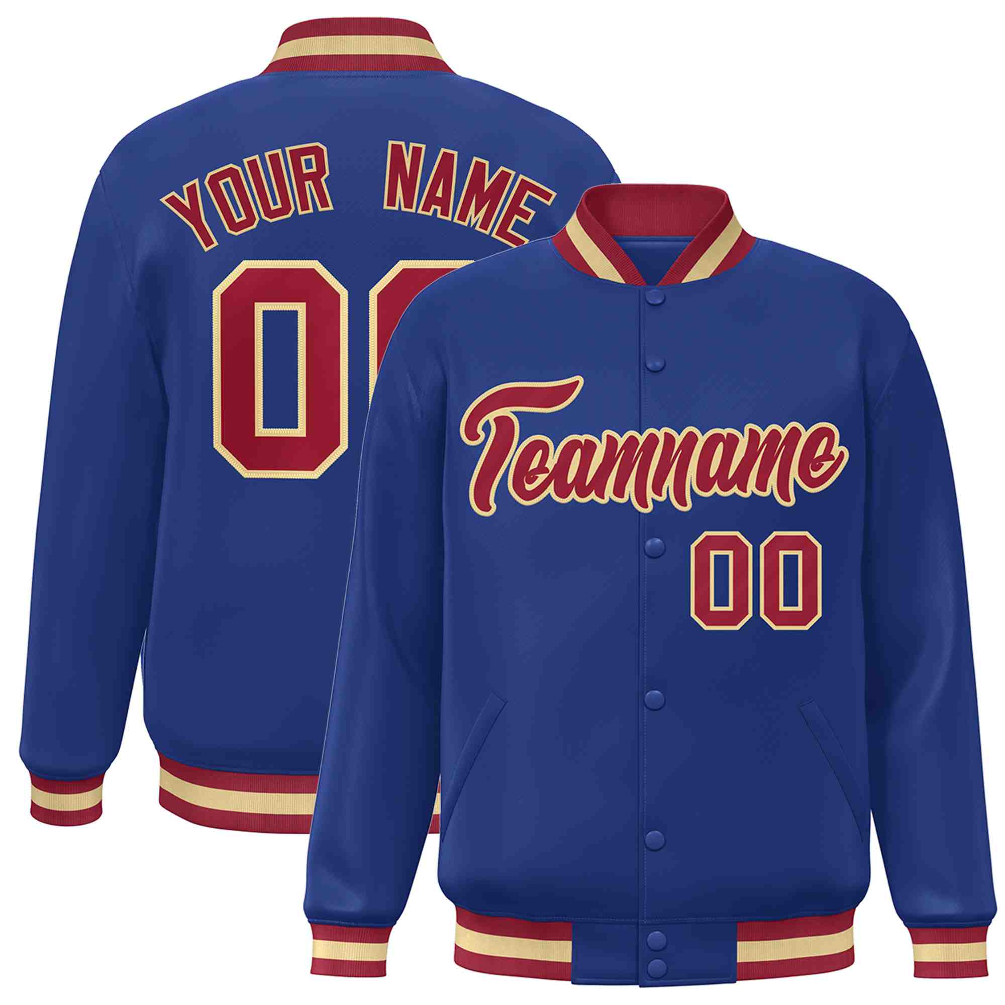 Custom Royal Crimson-Khaki Classic Style Varsity Full-Snap Letterman Jacket