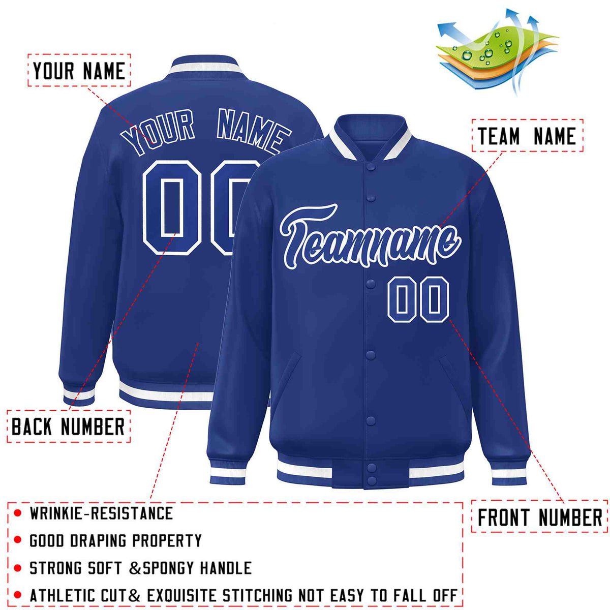 Custom Royal Royal-White Classic Style Varsity Full-Snap Letterman Jacket