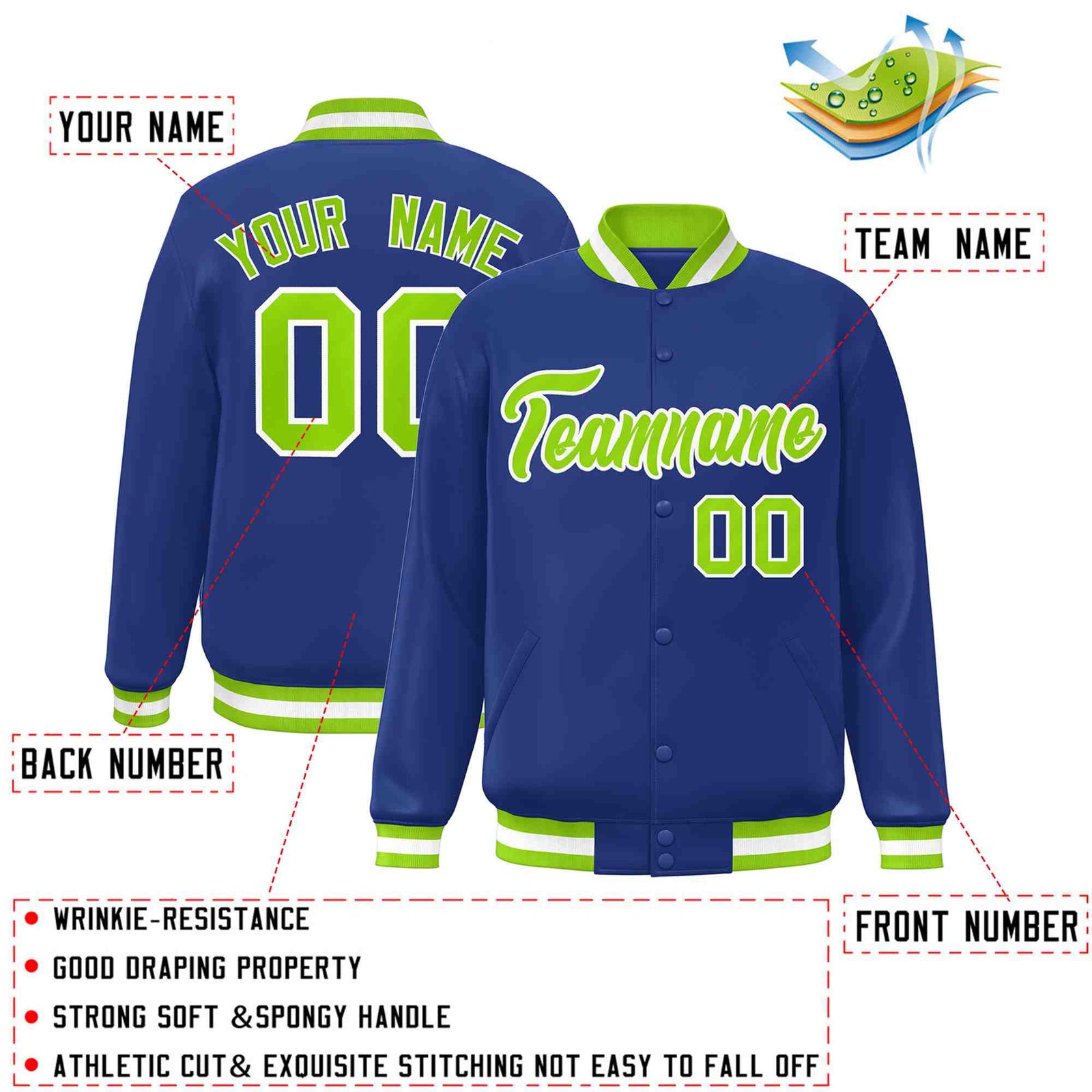 Custom Royal Neon Green-White Classic Style Varsity Full-Snap Letterman Jacket