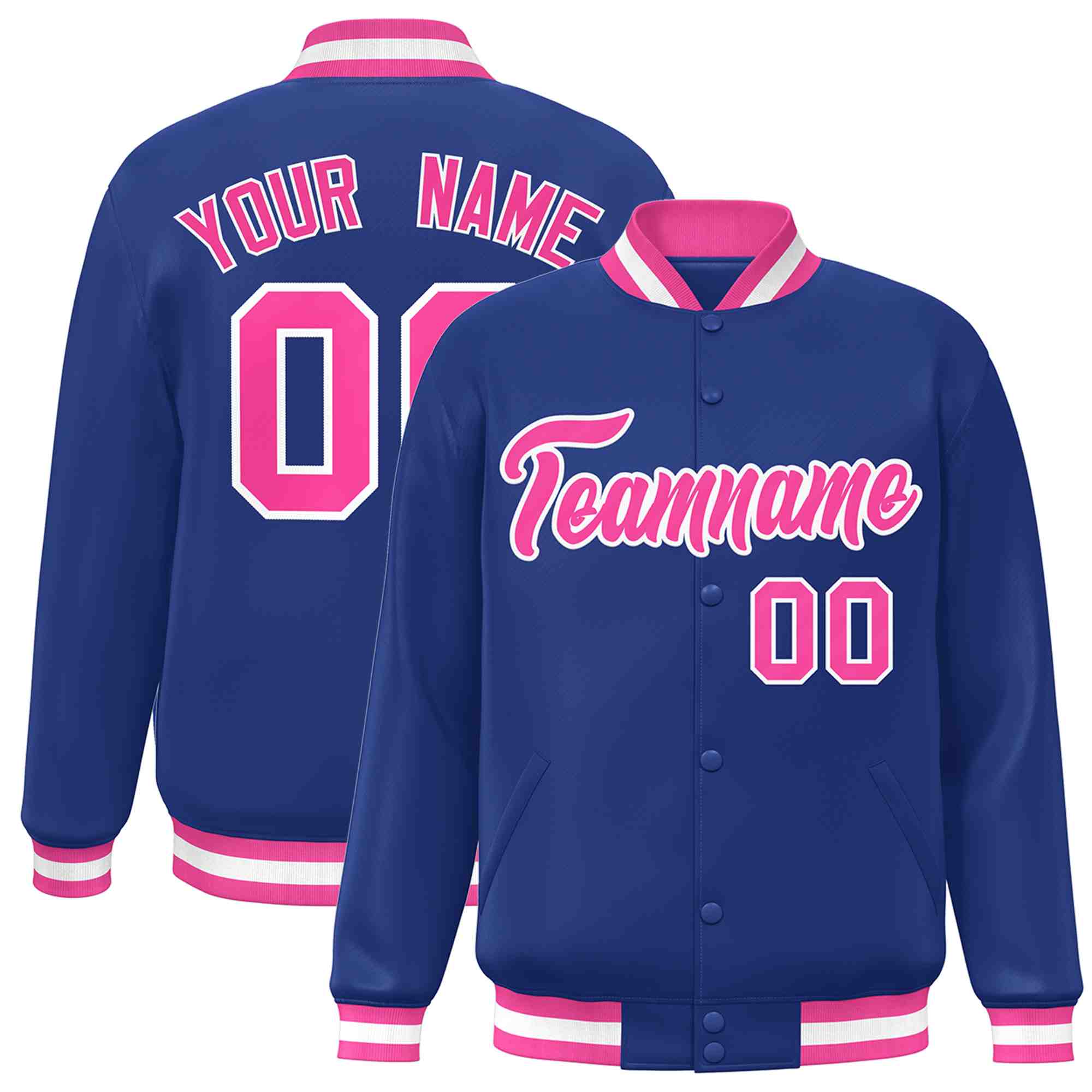Custom Royal Pink-White Classic Style Varsity Full-Snap Letterman Jacket