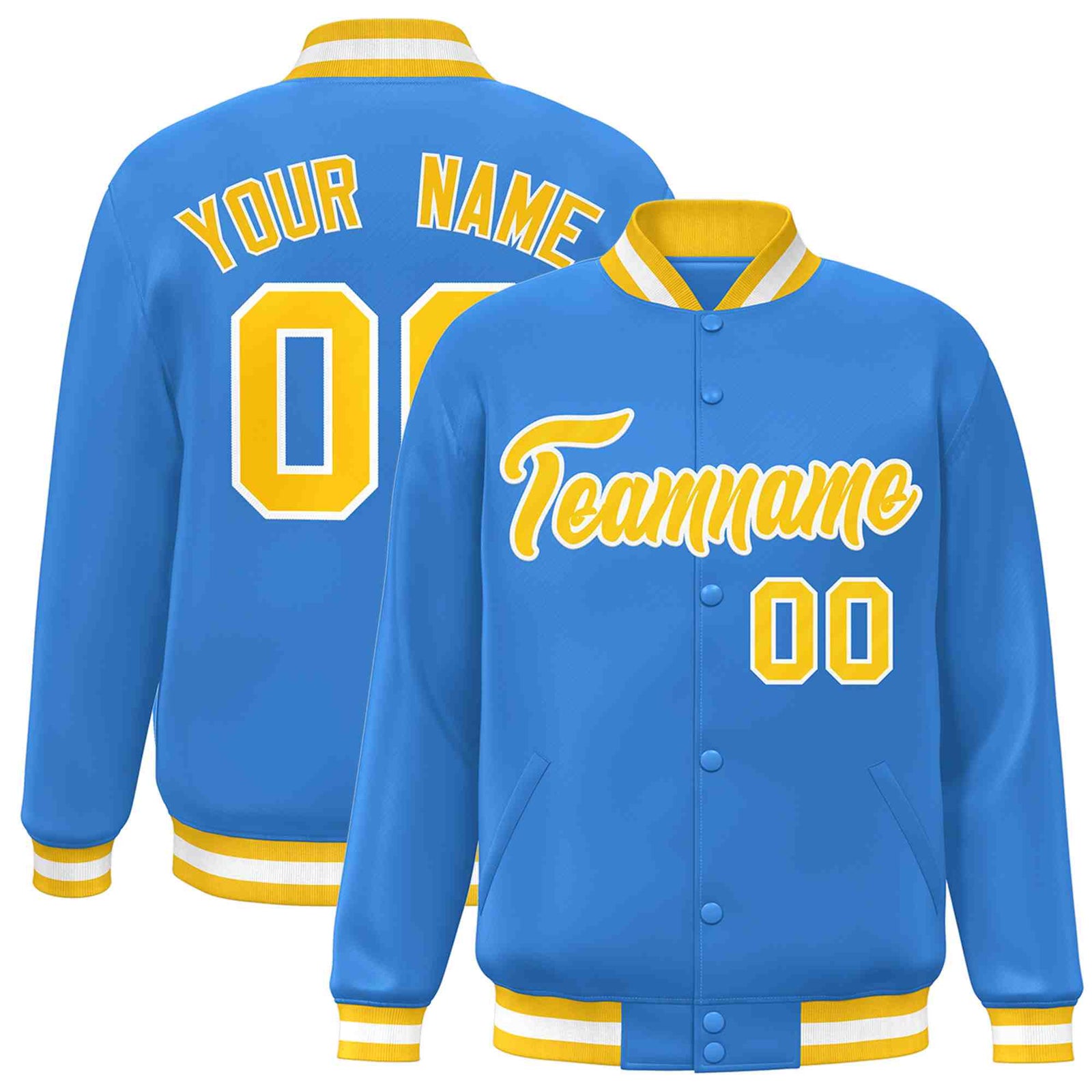 Custom Powder Blue Gold-White Classic Style Varsity Full-Snap Letterman Jacket