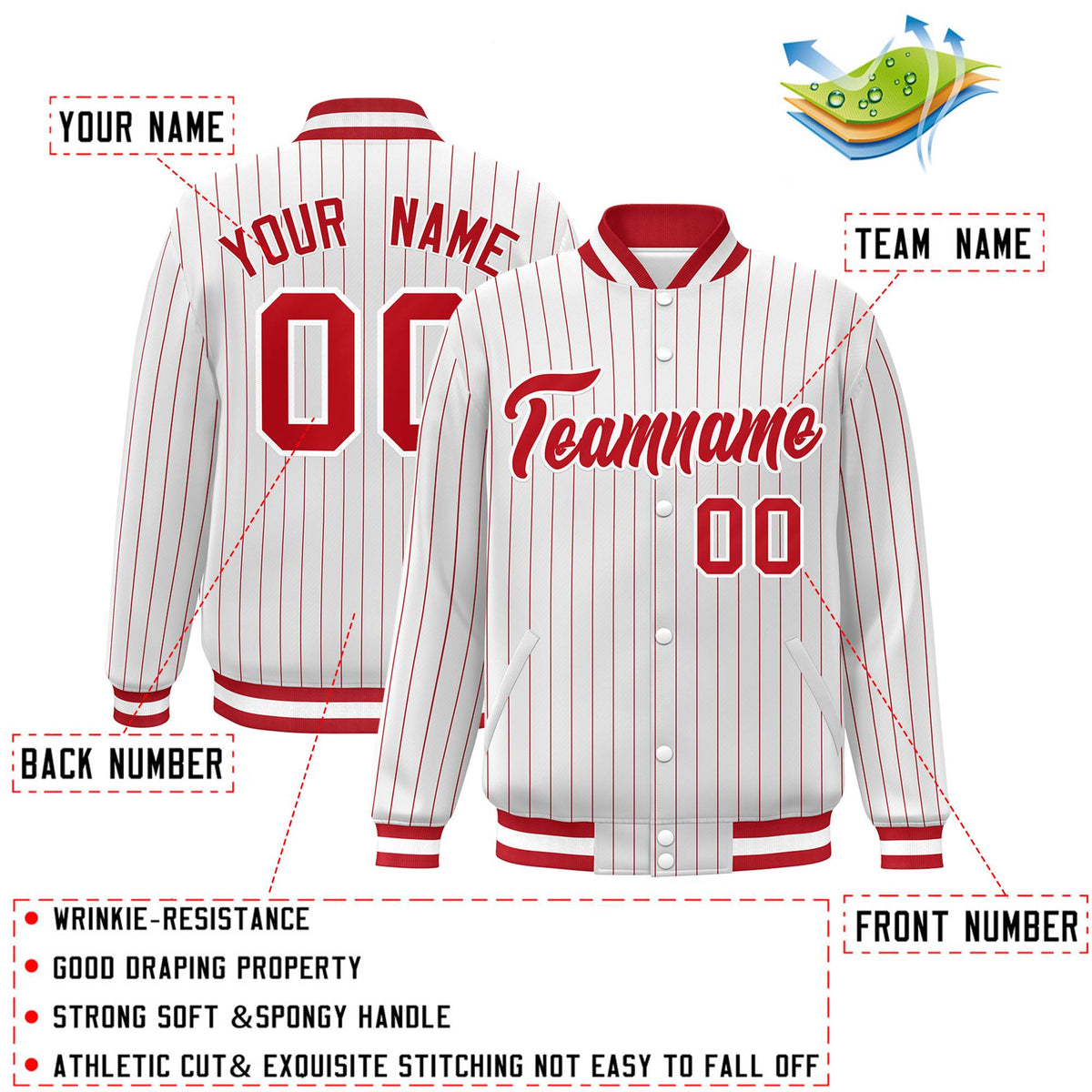 Custom White Red-White Personalized Stripe Fashion Letterman Bomber Varsity Jacket
