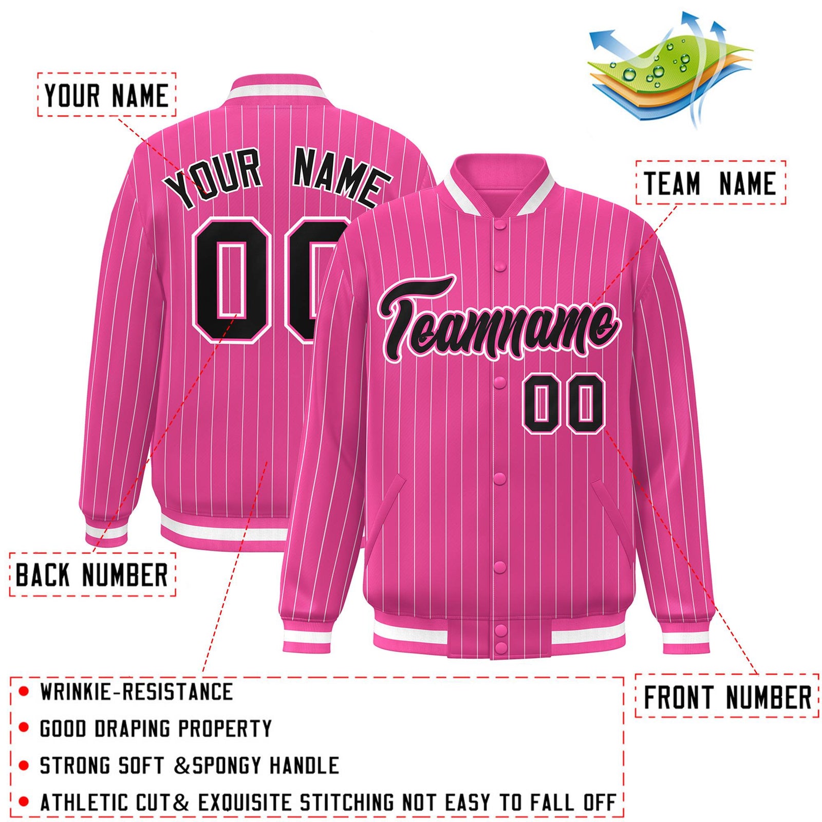 Custom Pink Black-White Personalized Stripe Fashion Letterman Bomber Varsity Jacket