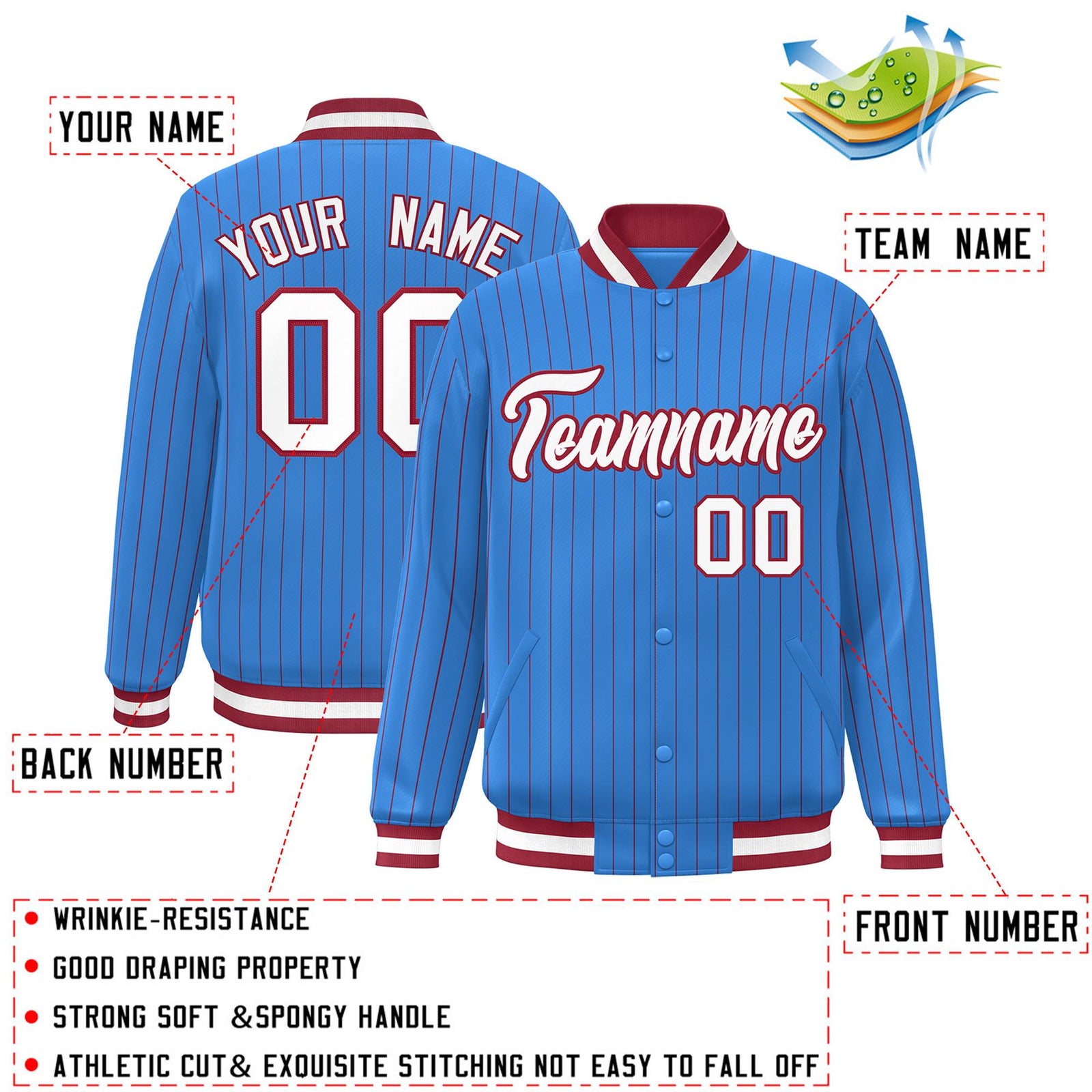 Custom Powder Blue White-Scarlet Personalized Stripe Fashion Letterman Bomber Varsity Jacket