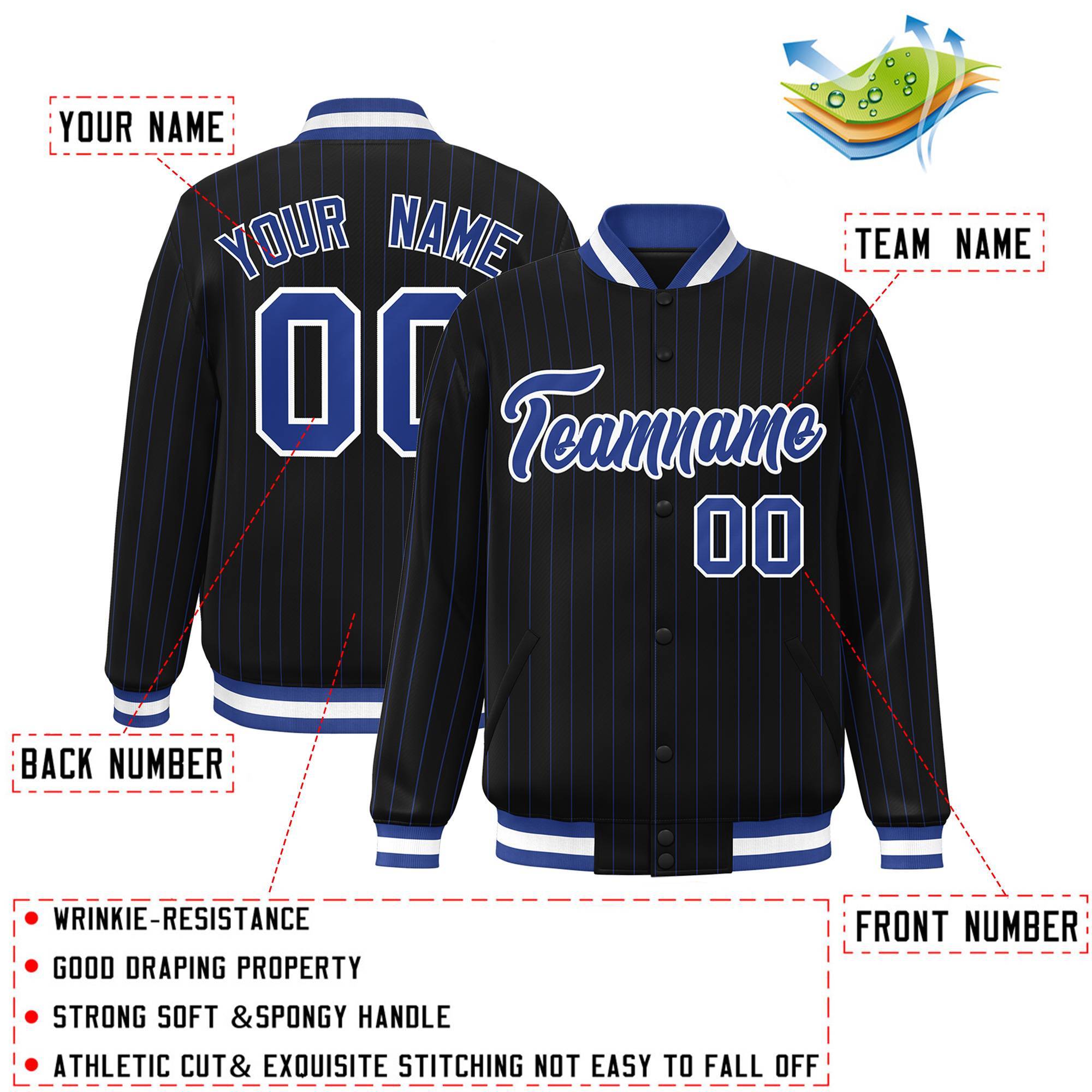 Custom Black Royal-White Personalized Stripe Fashion Varsity Jacket
